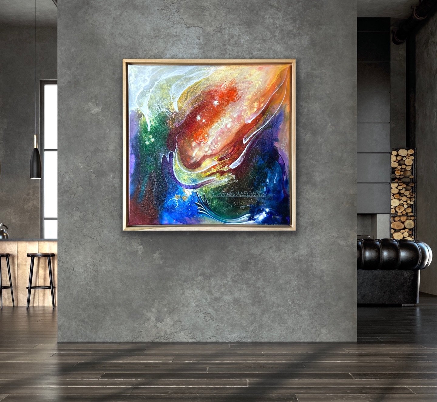 Metaphoric &mdash; 24&rdquo;&times;24&rdquo; original acrylic on canvas, professionally framed and ready for a modern interior.
Created through an intuitive, layered process, this painting explores the space between memory and imagination, capturing 