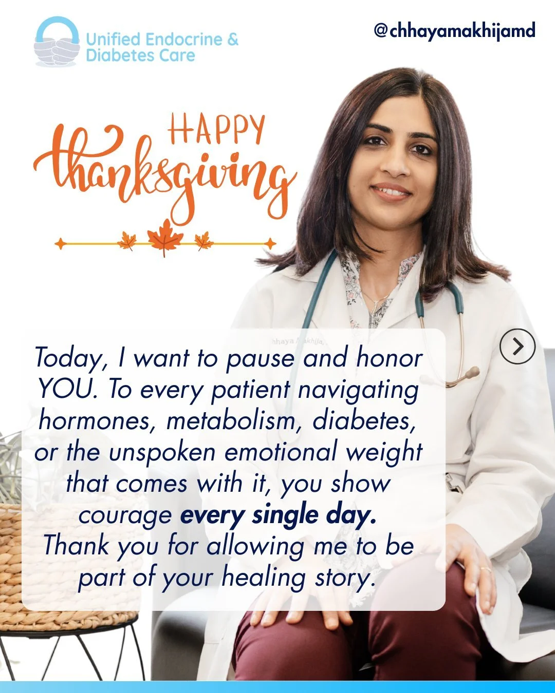 Honoring your health, your journey, and your resilience.
May your holiday be peaceful, mindful, and surrounded by good company. 🧡✨

#drchhaya #thanksgiving