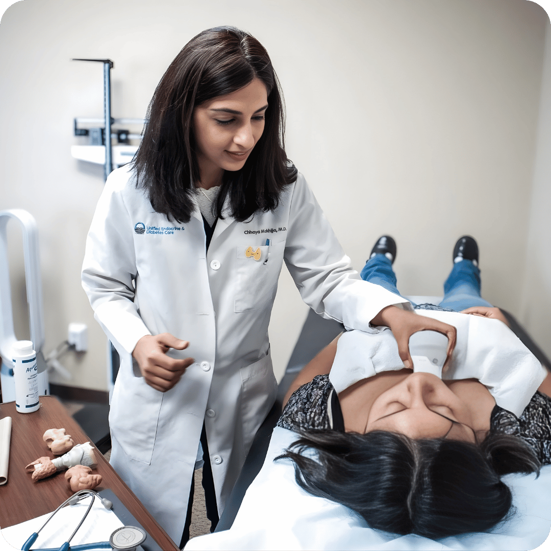 Endocrinologist performing physical examination during hormone and metabolic health appointment