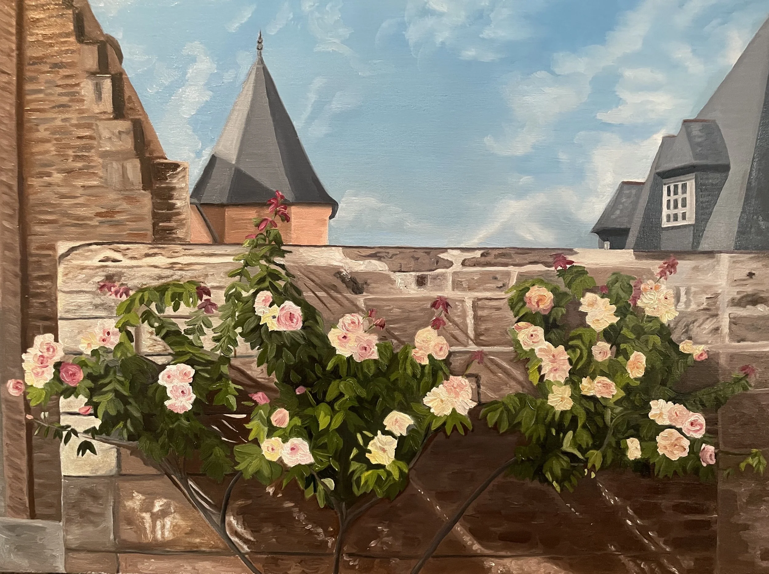 "Quimper Courtyard Rose Garden," 22" x 26" framed, oil on canvas, $1,200