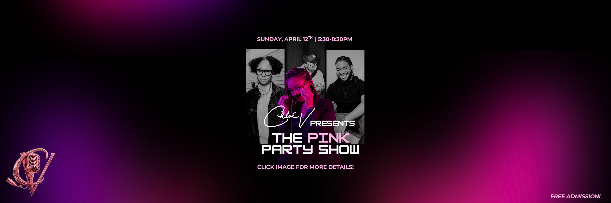 Chloé V, Demdizzle, Arnold Little III, Jordan Bush posing on a flyer promoting a show that will be located in New Orleans, Louisiana at the House of Blues on Sunday, April 12th at 5:30pm ending at 8:30pm. The Pink Party Show, R&B singer. Chloé V want