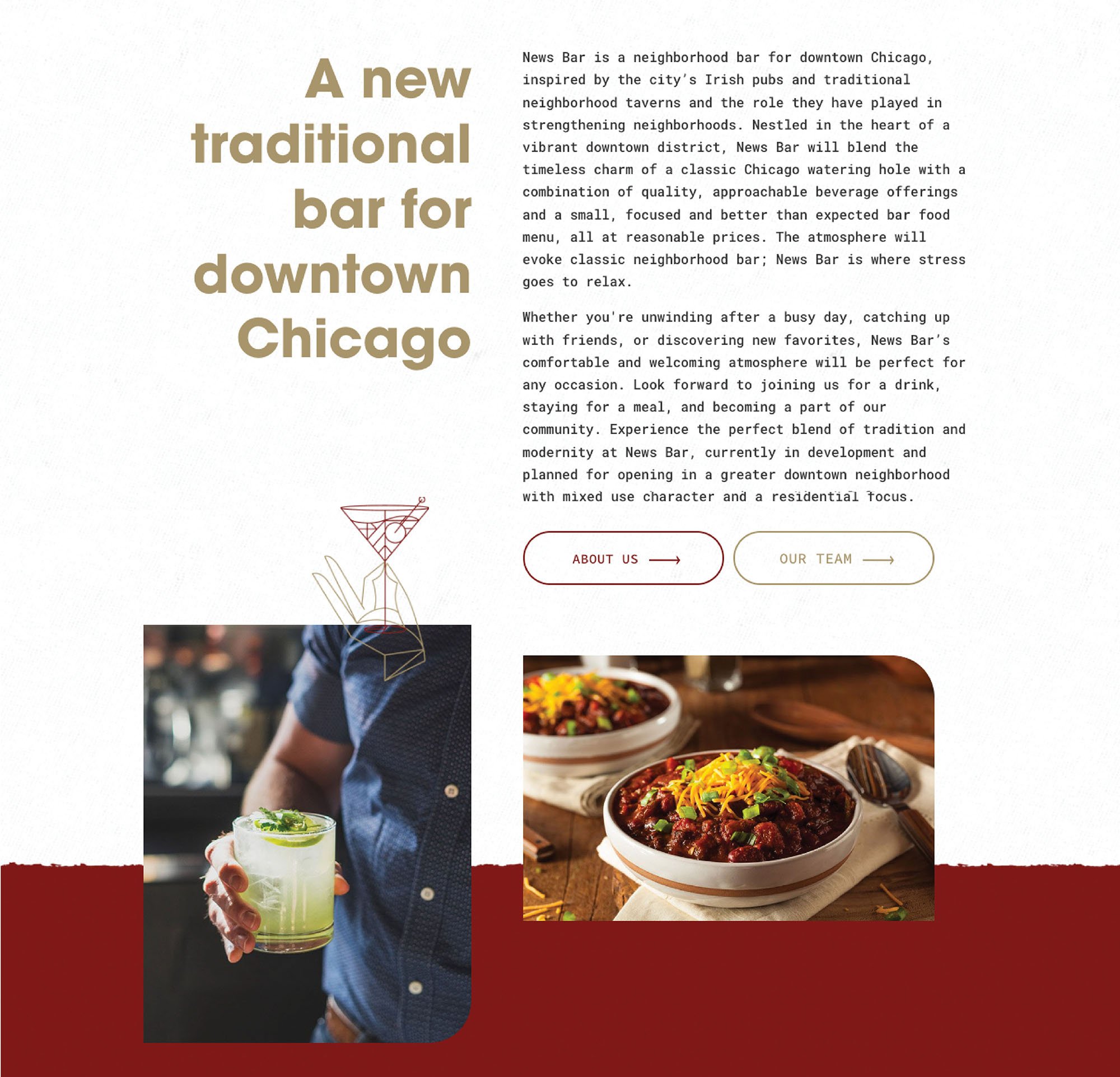 News Bar origin story and photo of a cocktail drink and chili.