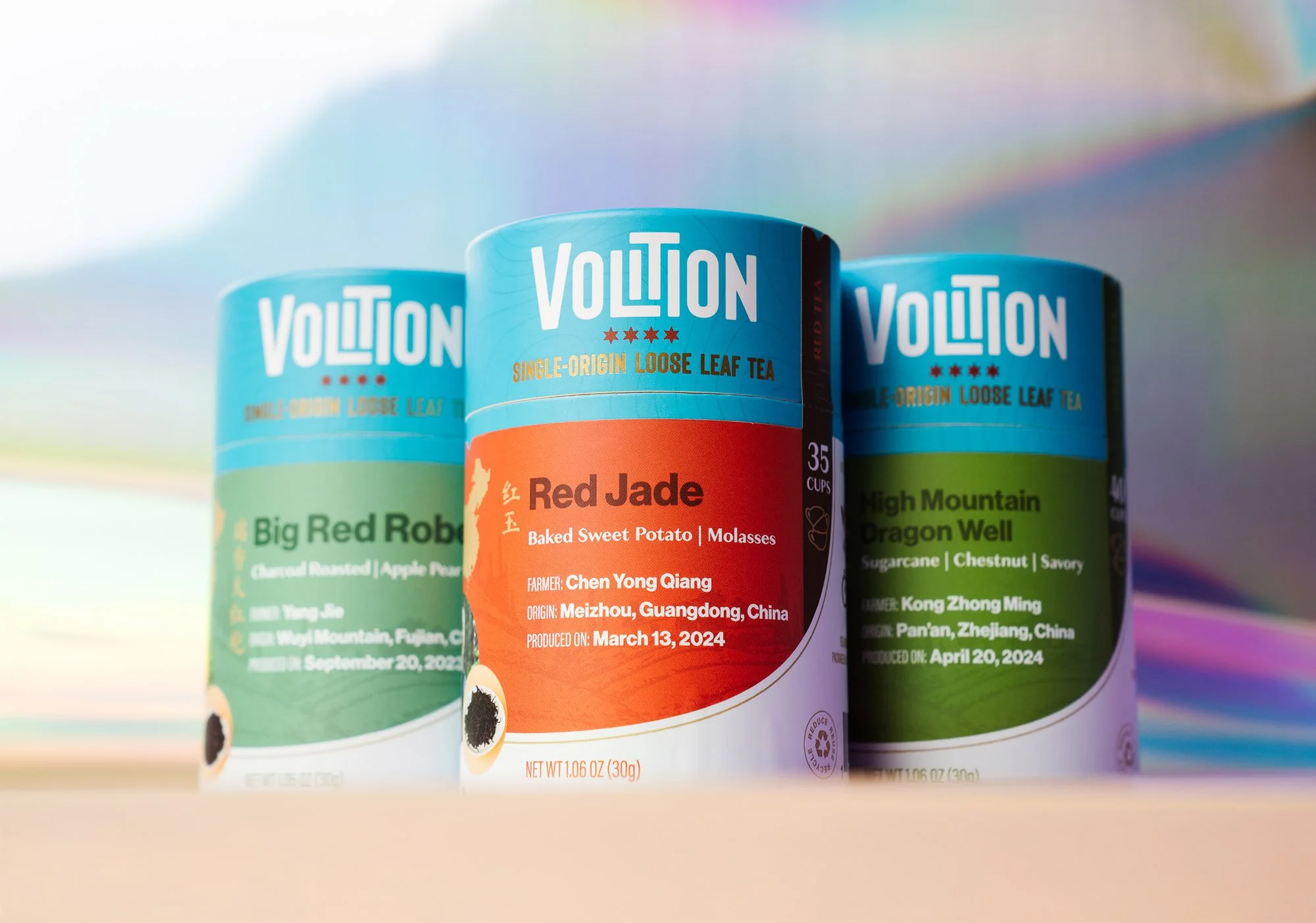 Volition Tea package design and branding product photoshoot