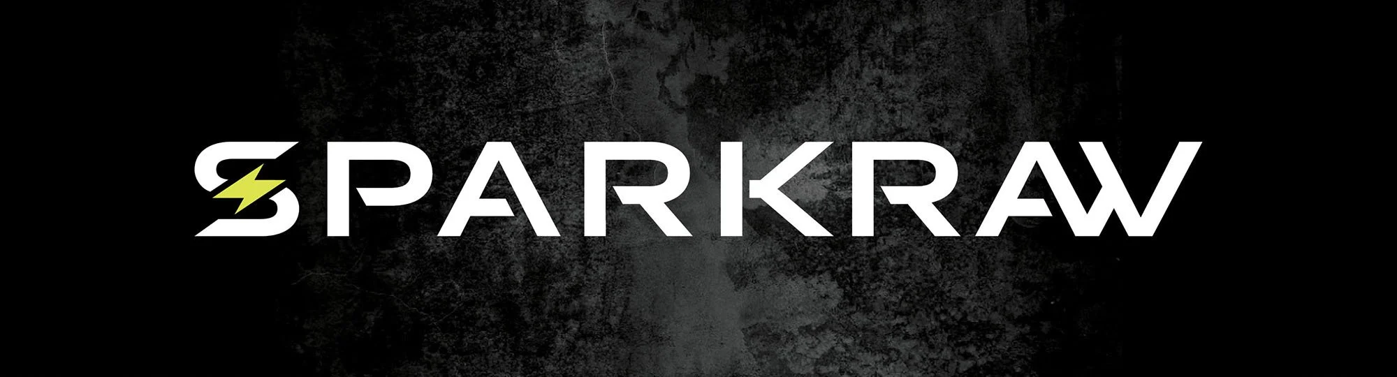 Sparkraw logo white custom typography on black textured background.