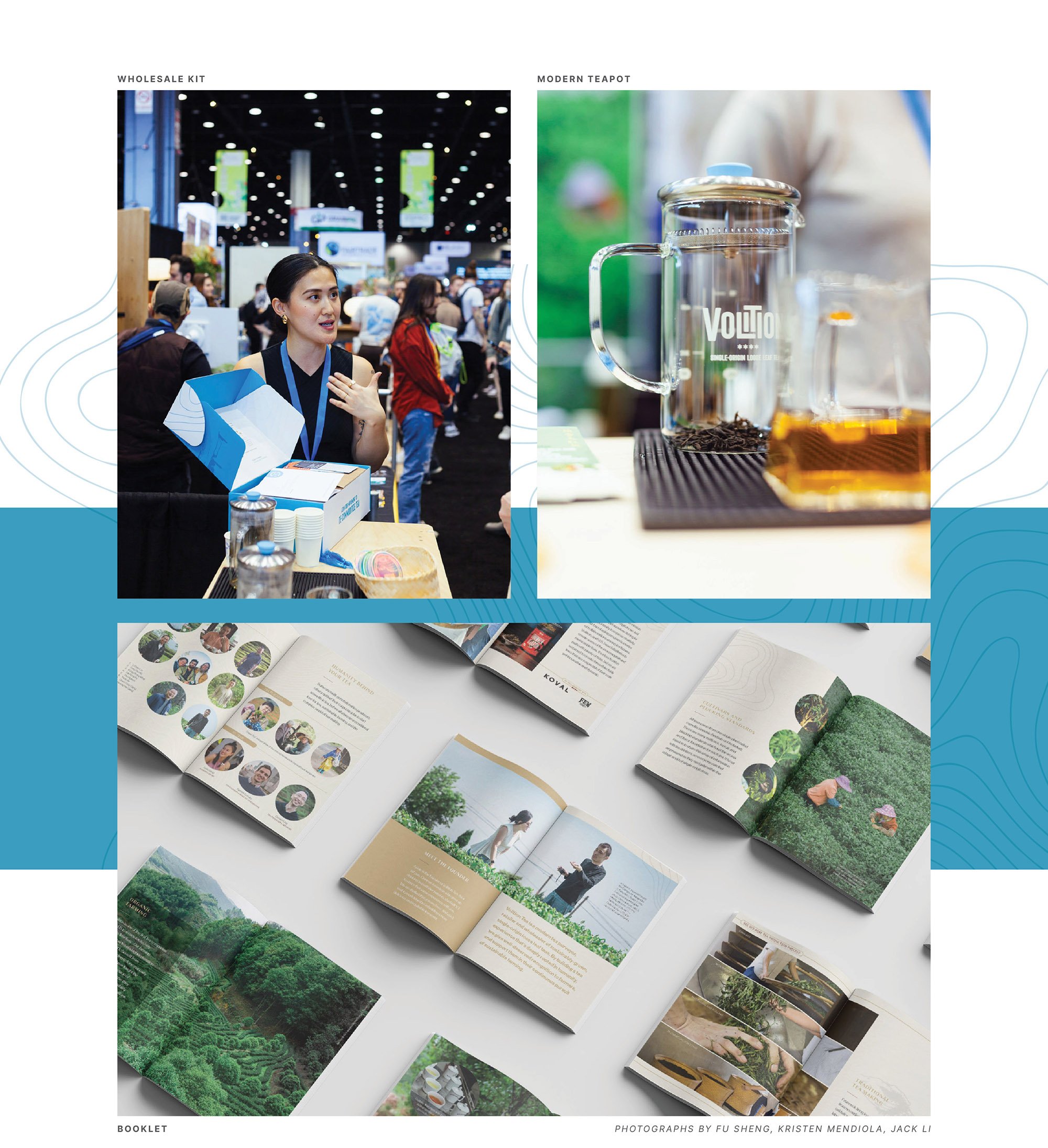 Volition Tea revealed a Wholesale kit including a booklet, sample teas in pouches, tea cards and a teapot inside the box packaging. The photo at the bottom features the spread of several pages of the booklet.