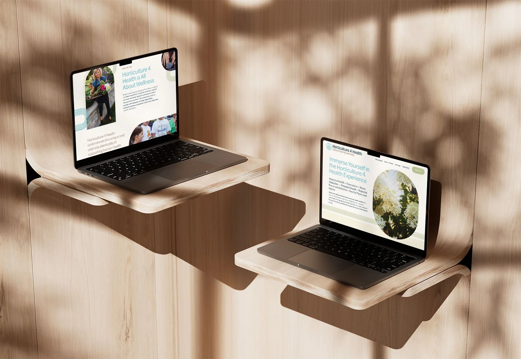 Two laptops on a shelve showing a horticulture wellness website.