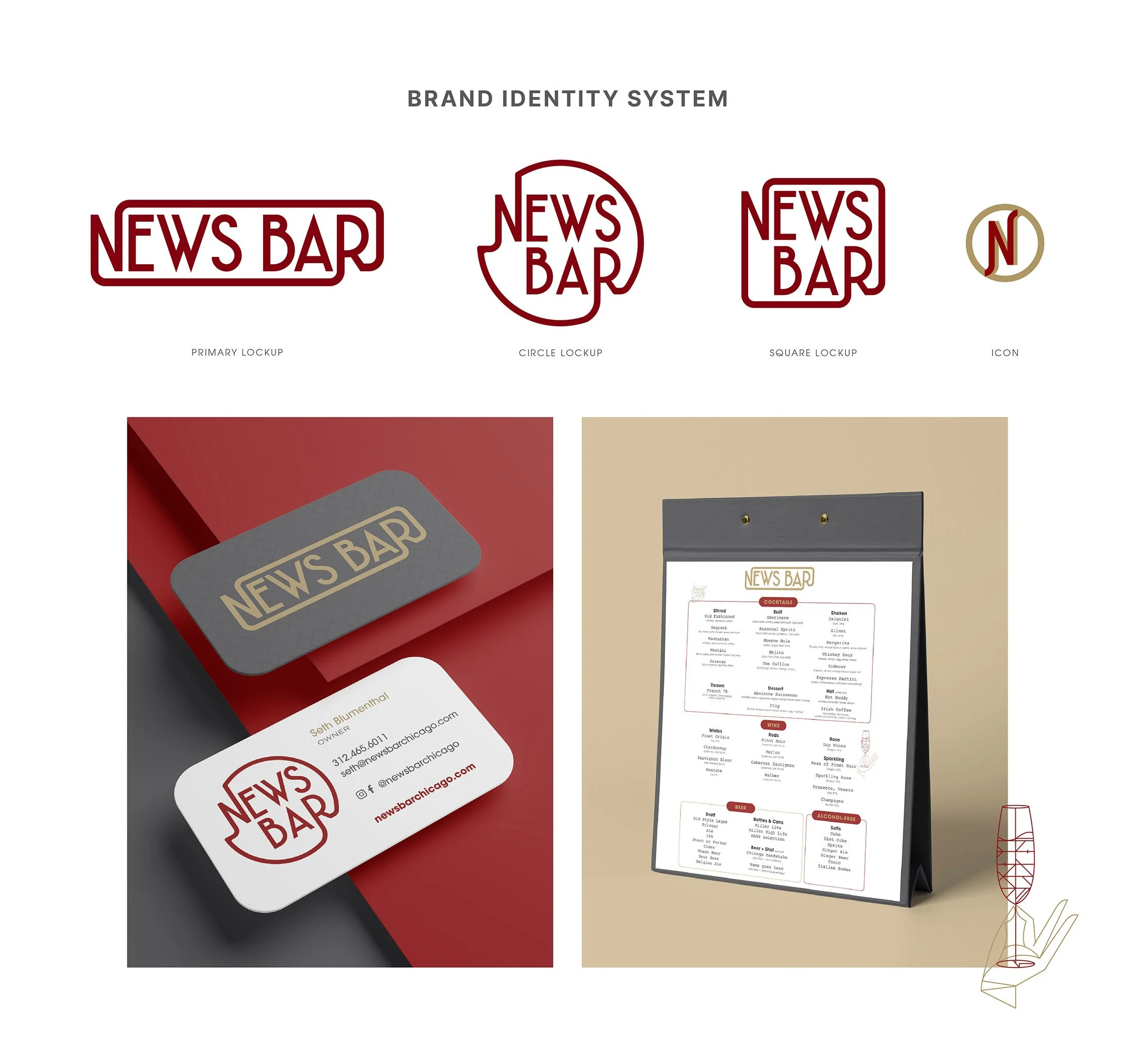 News Bar Brand Identity System, business cards and menu design mockups.