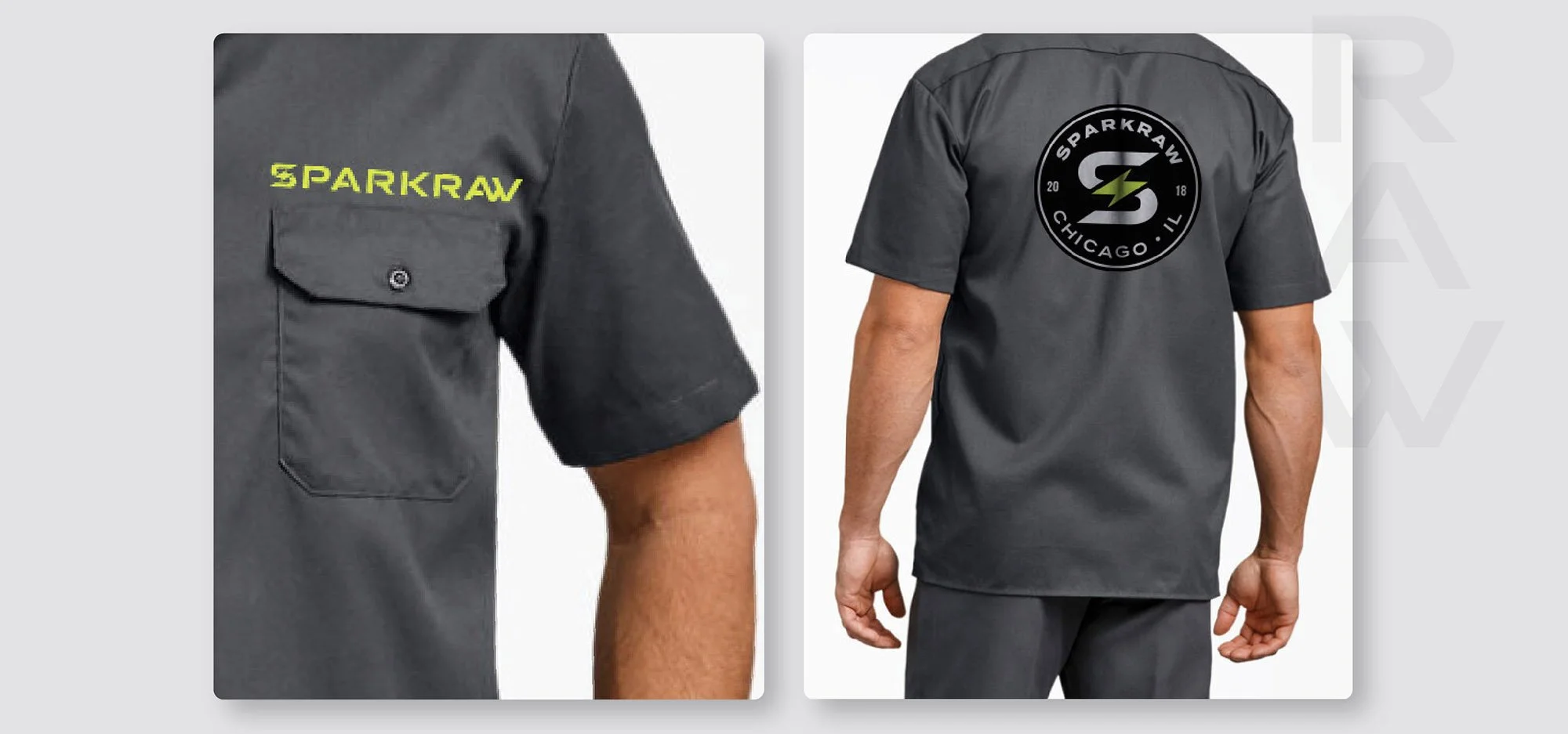 Sparkraw yellow logo embroidered on a charcoal gray crew uniform. The badge logo design is screen printed in the back side. 