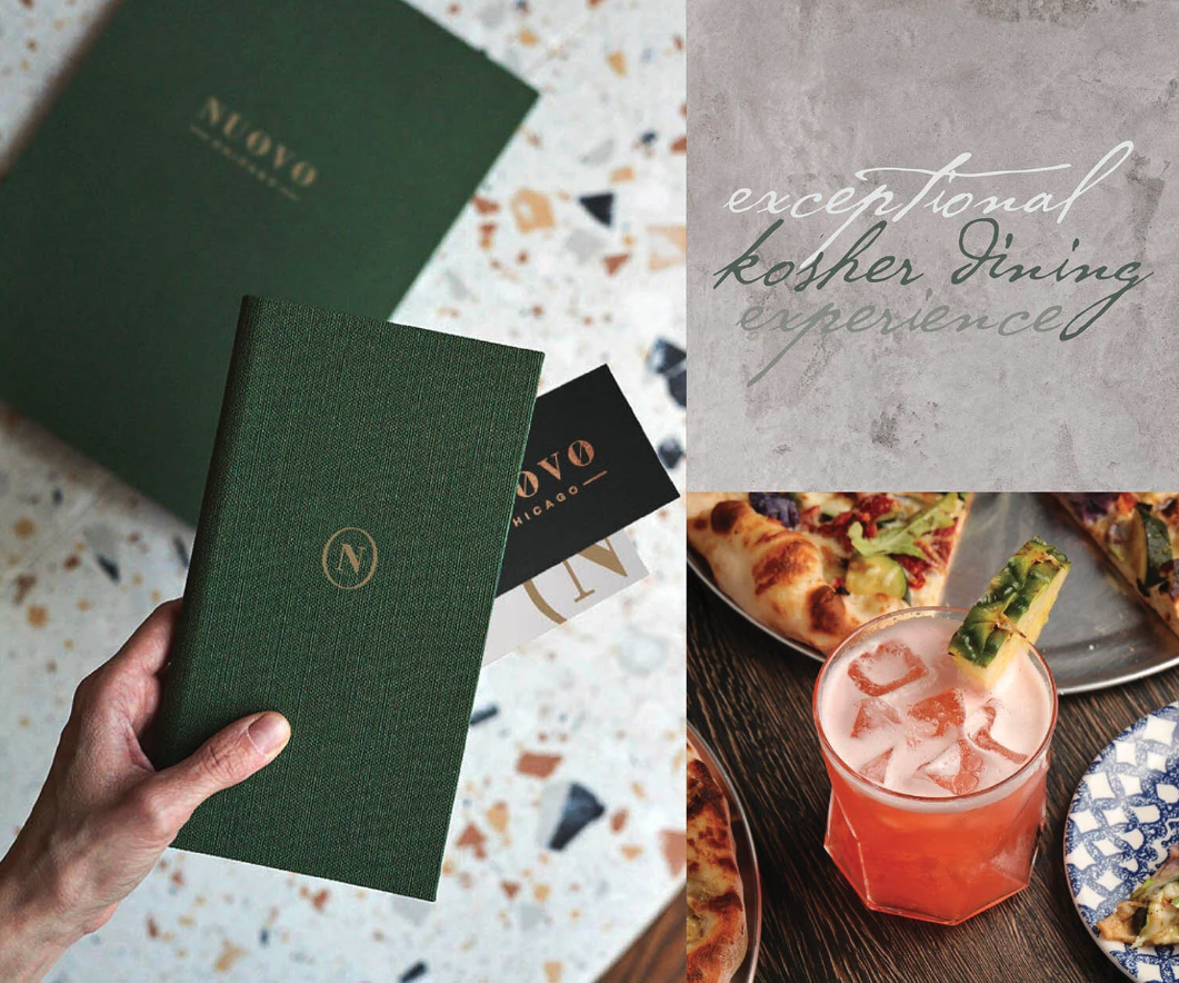 A person holding a green menu design at a restaurant. The image also shows a pizza slice and a pink cocktail drink.