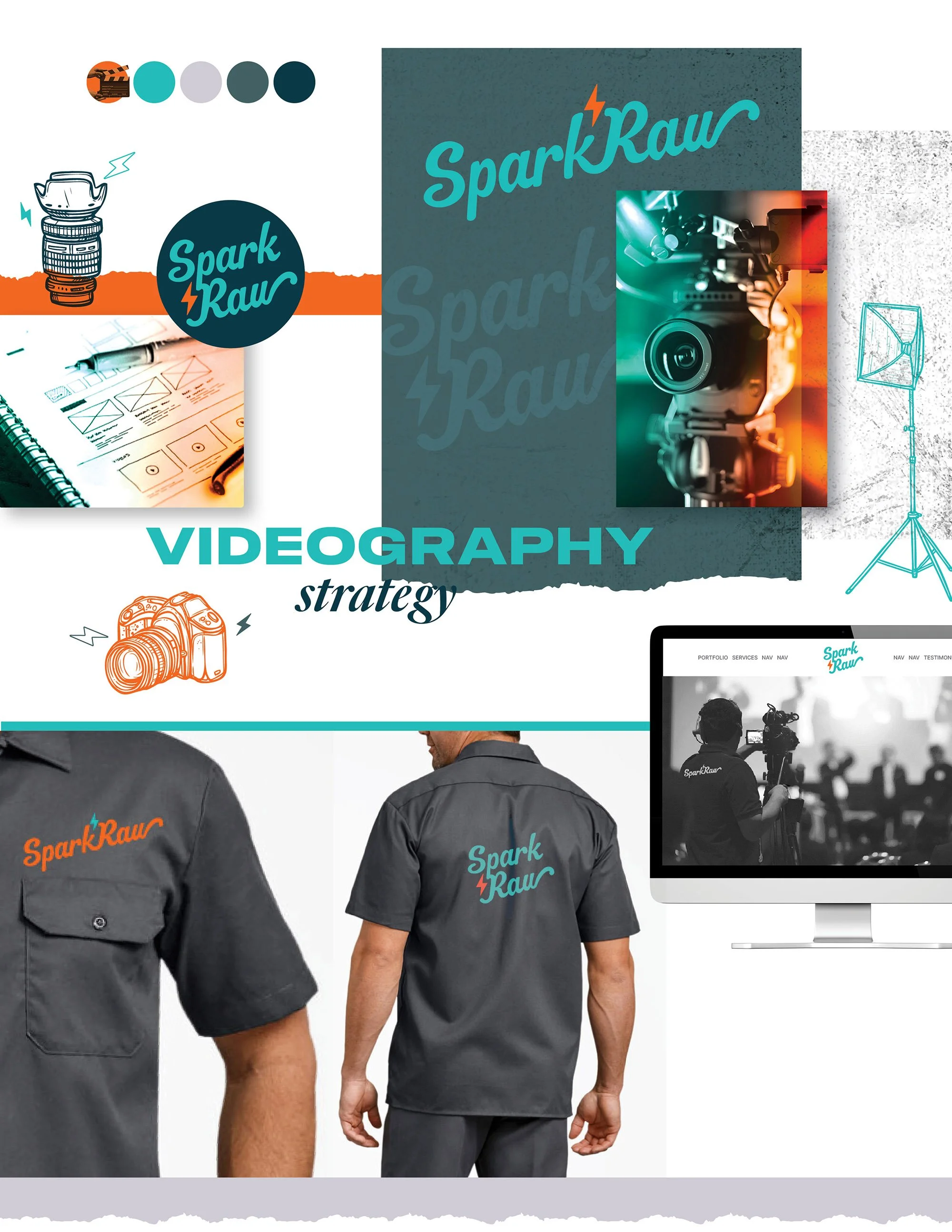 Moodboard of the logo design concept and development with photos, color palette, typography, illustrations and crew shirt embroidery mockups. 