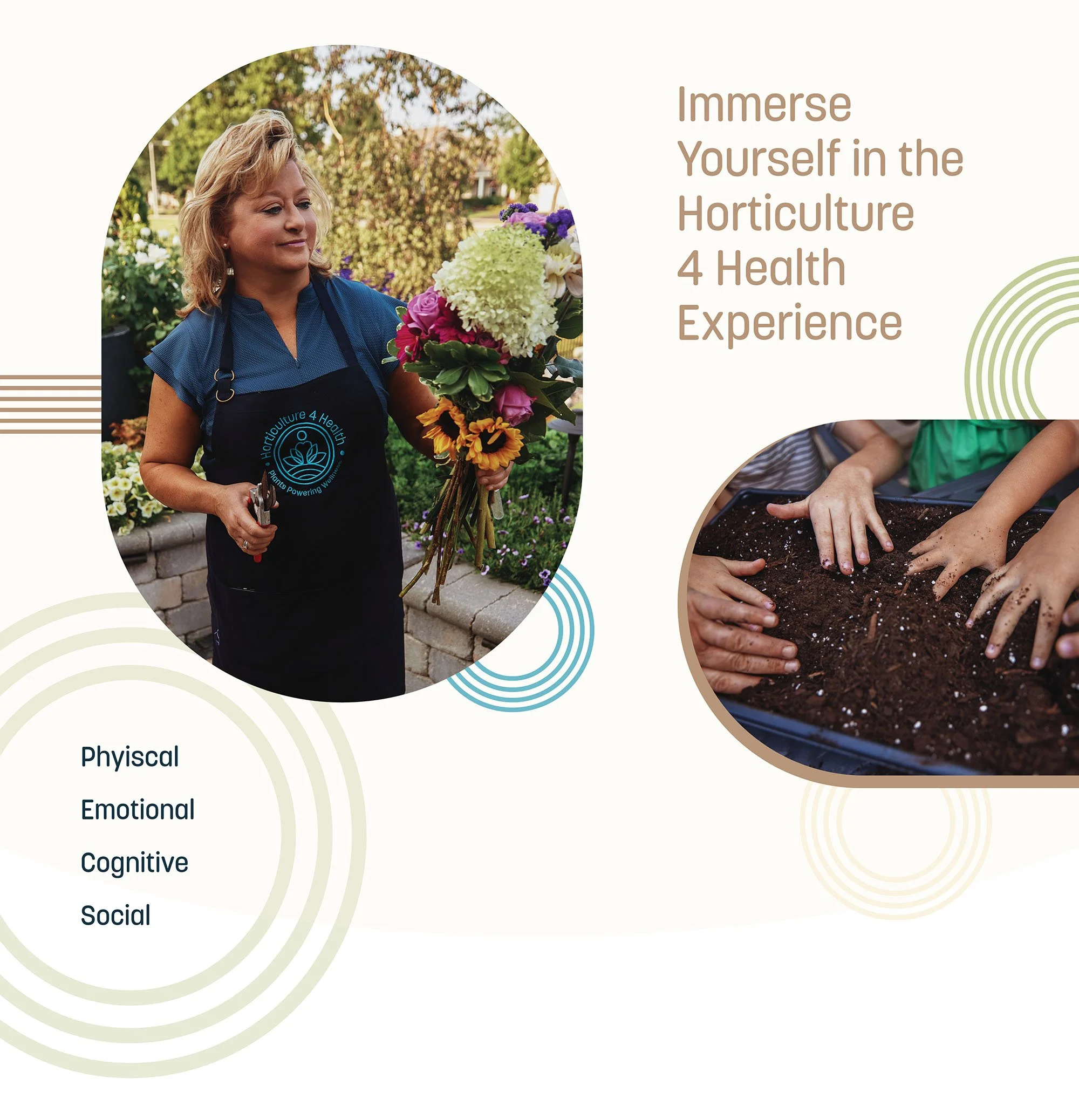 Photo of Kelly Warnick and photo of a group of kids touching soil and immerse in the horticulture experience