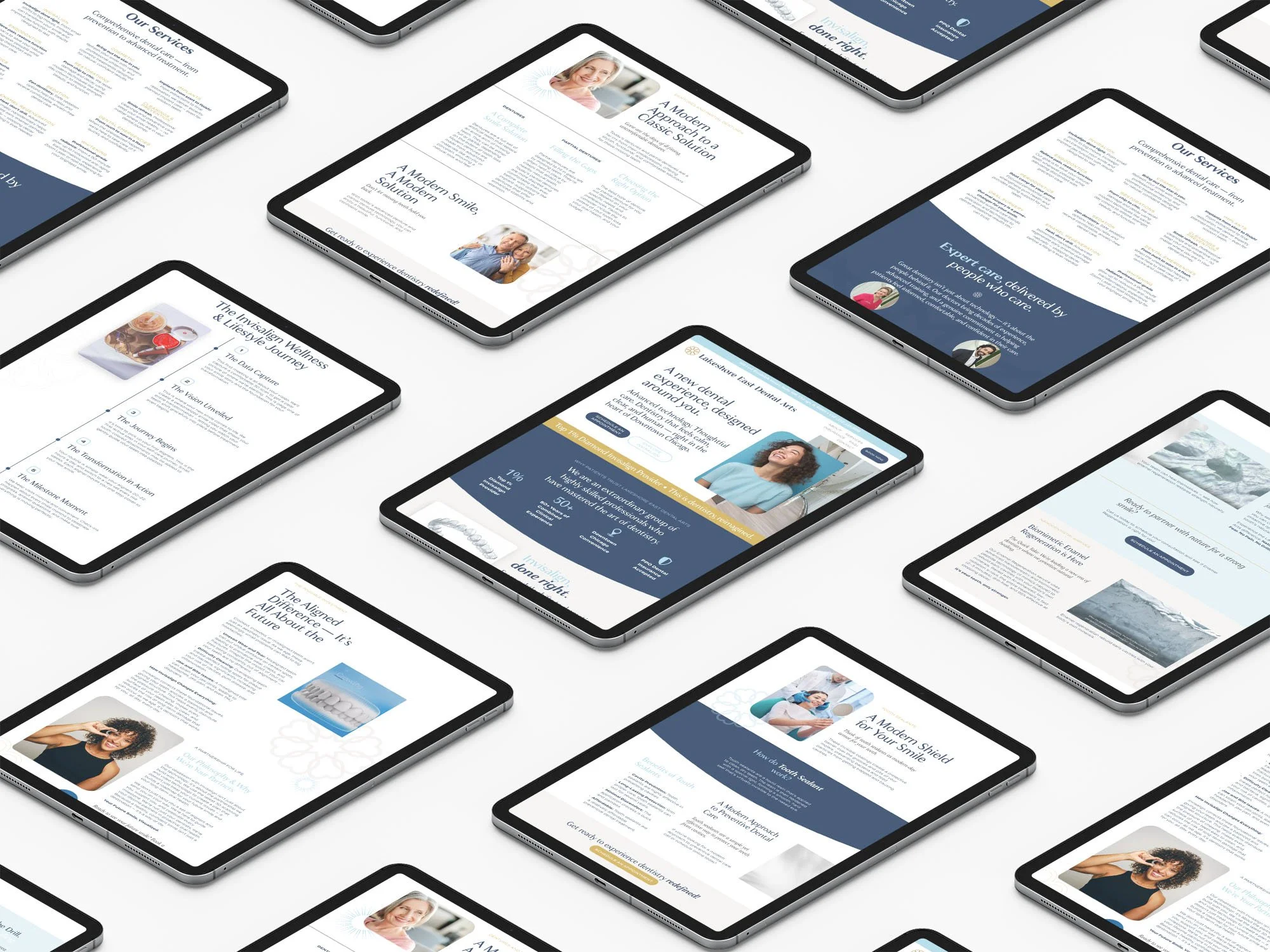 Multiple digital tablets displaying various dental service website pages, arranged diagonally across a white surface.