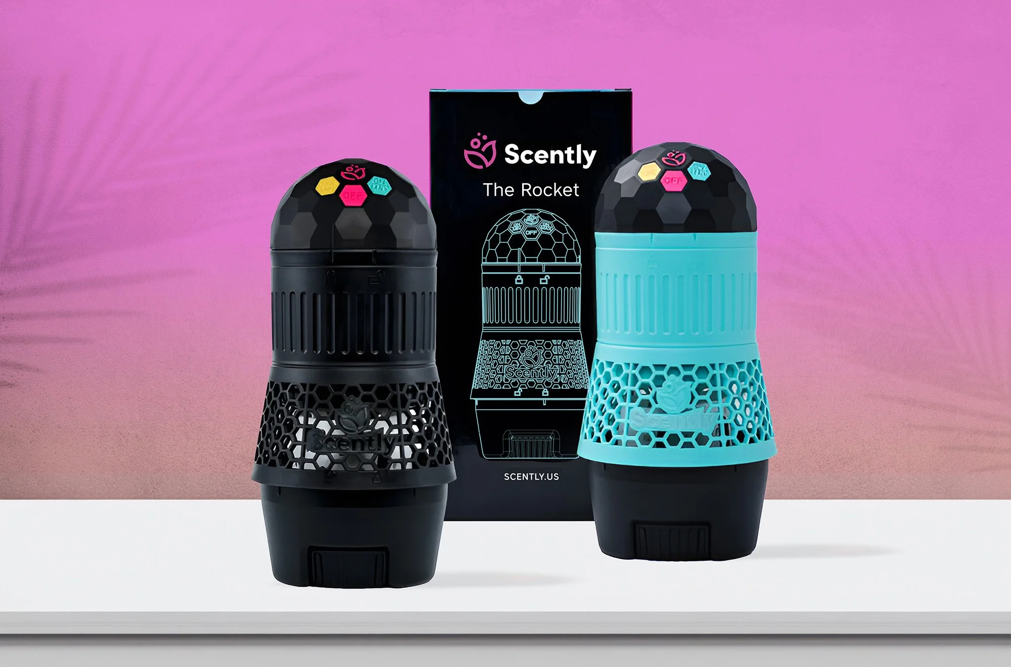 Two Scently devices with package design on a counter top.