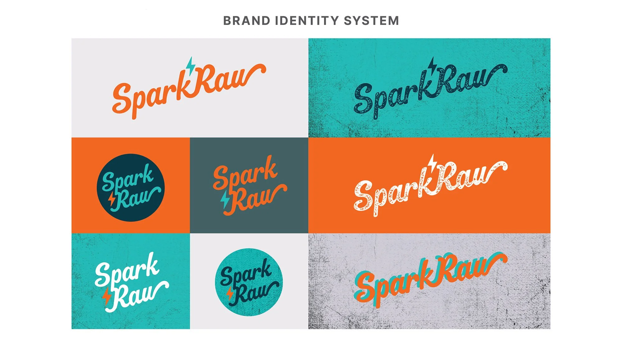 Sparkraw logo rebranding concepts shown in a brand identity system with different logo configurations and color schemes.