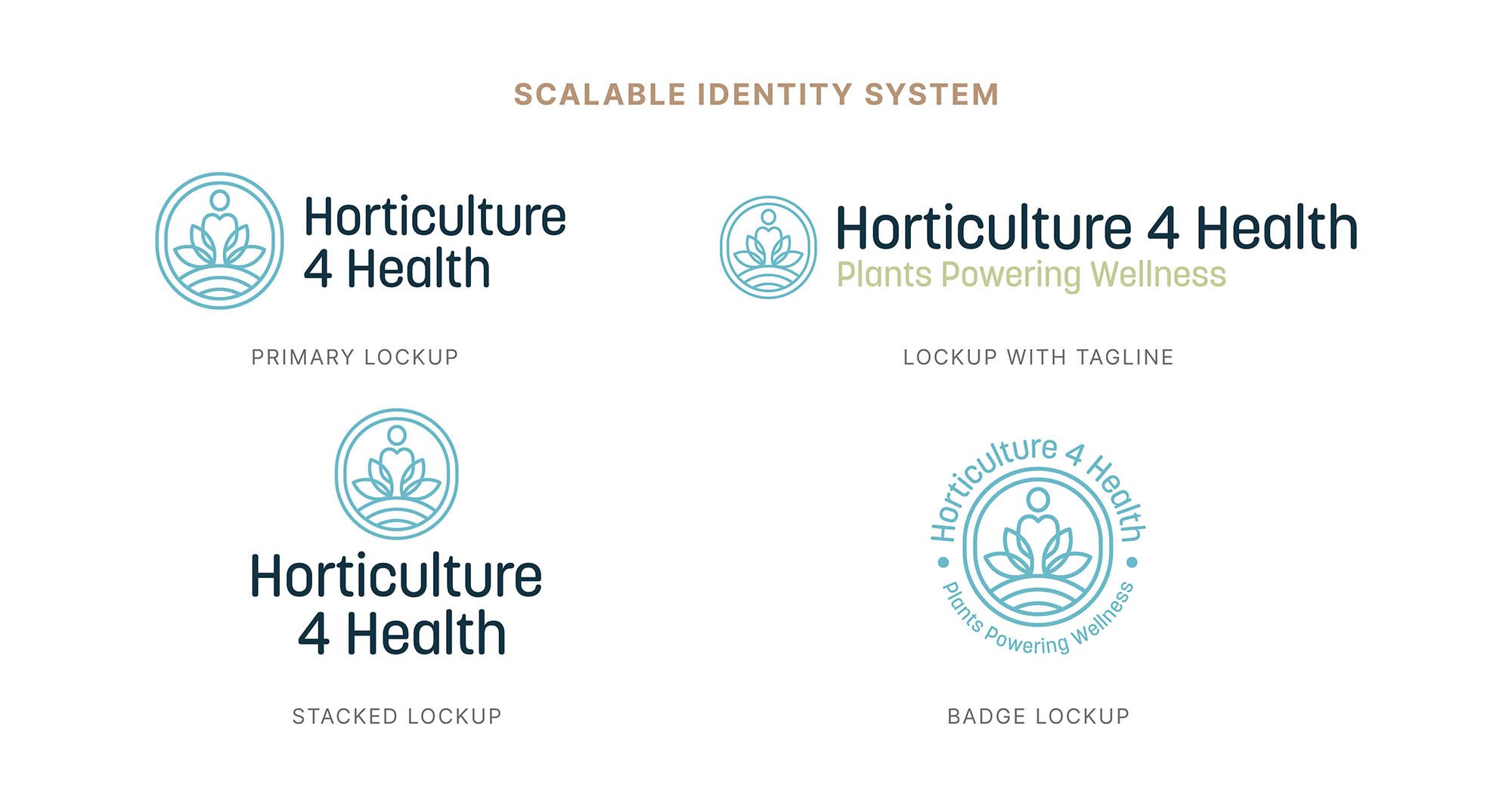 Horticulture 4 Health a scalable identity system showing a primary, stacked and badge configurations. 