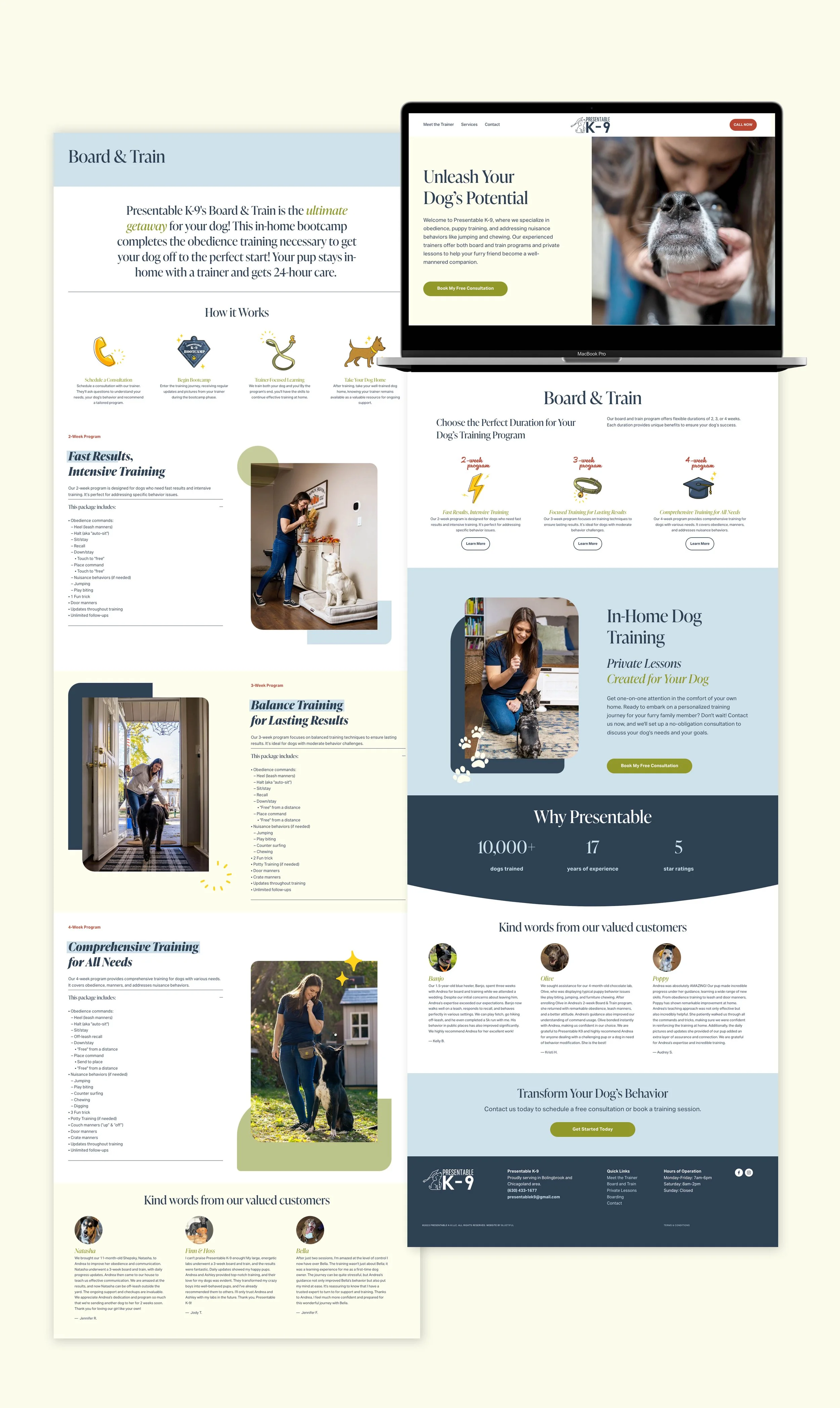 Mockup of a dog trainer website on desktop view.