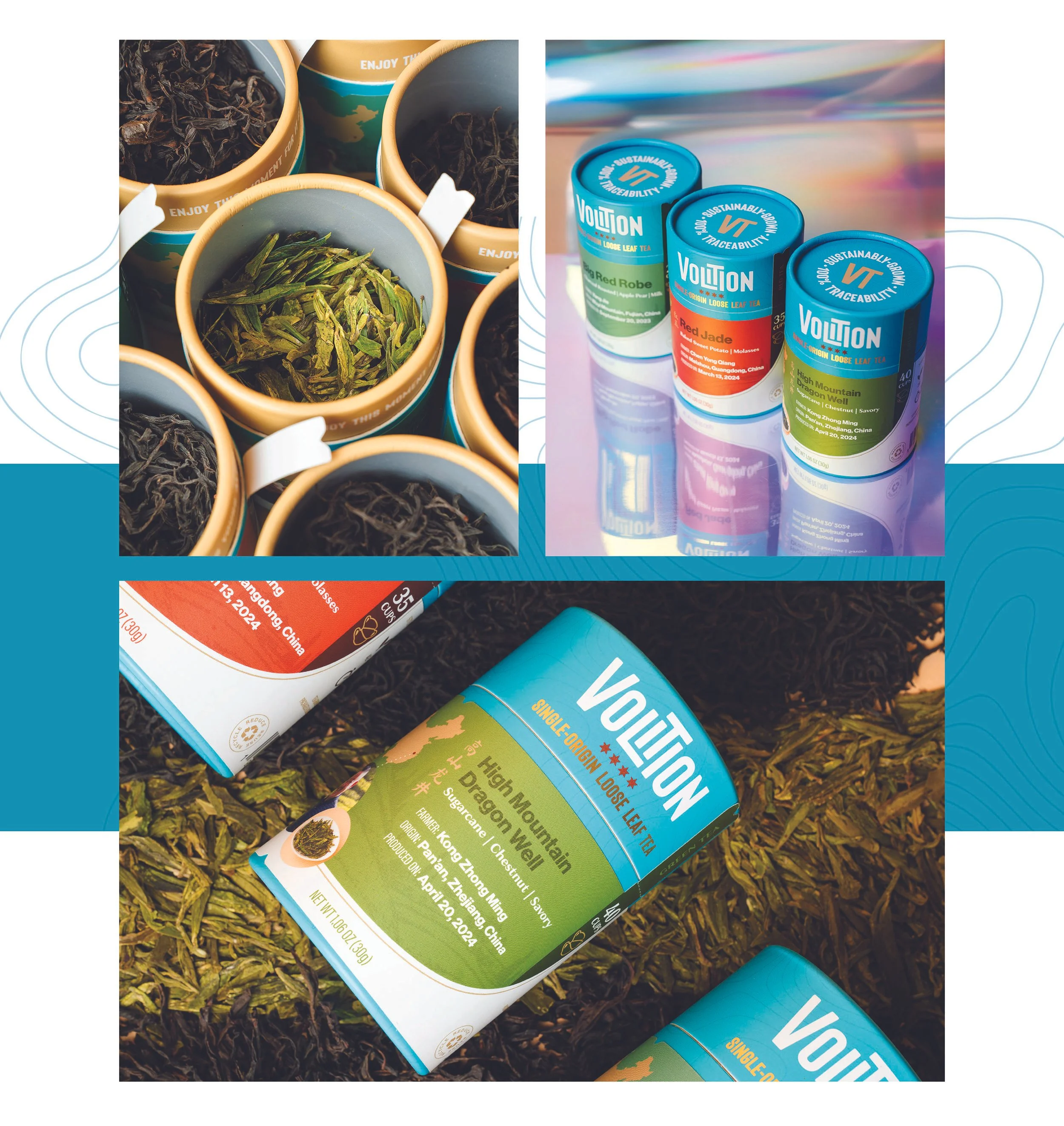 3 collage photos of Volition Tea product packaging in paper tube for Whole Foods Market