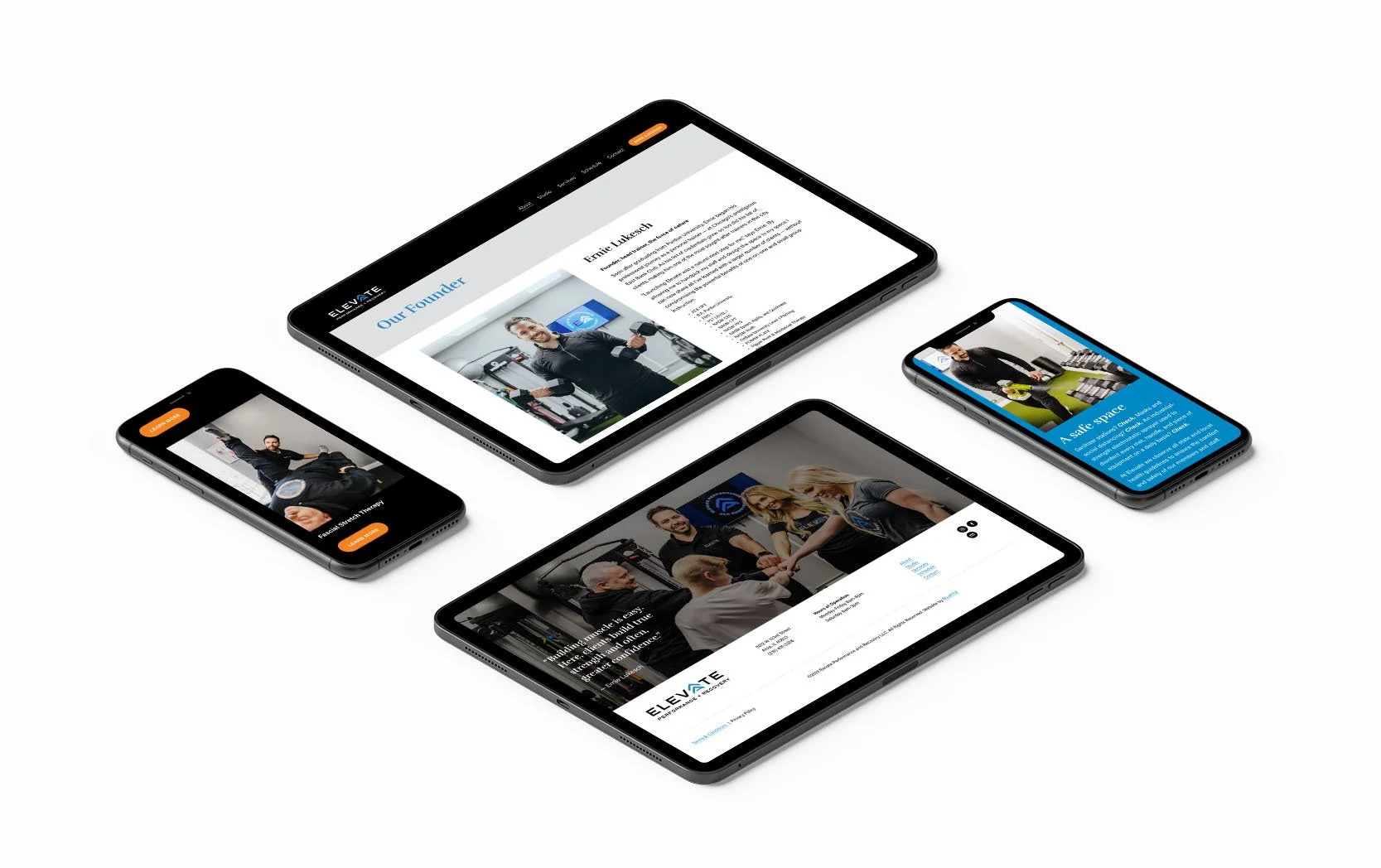 Digital devices displaying web pages for a fitness or training company, including smartphones and tablets.