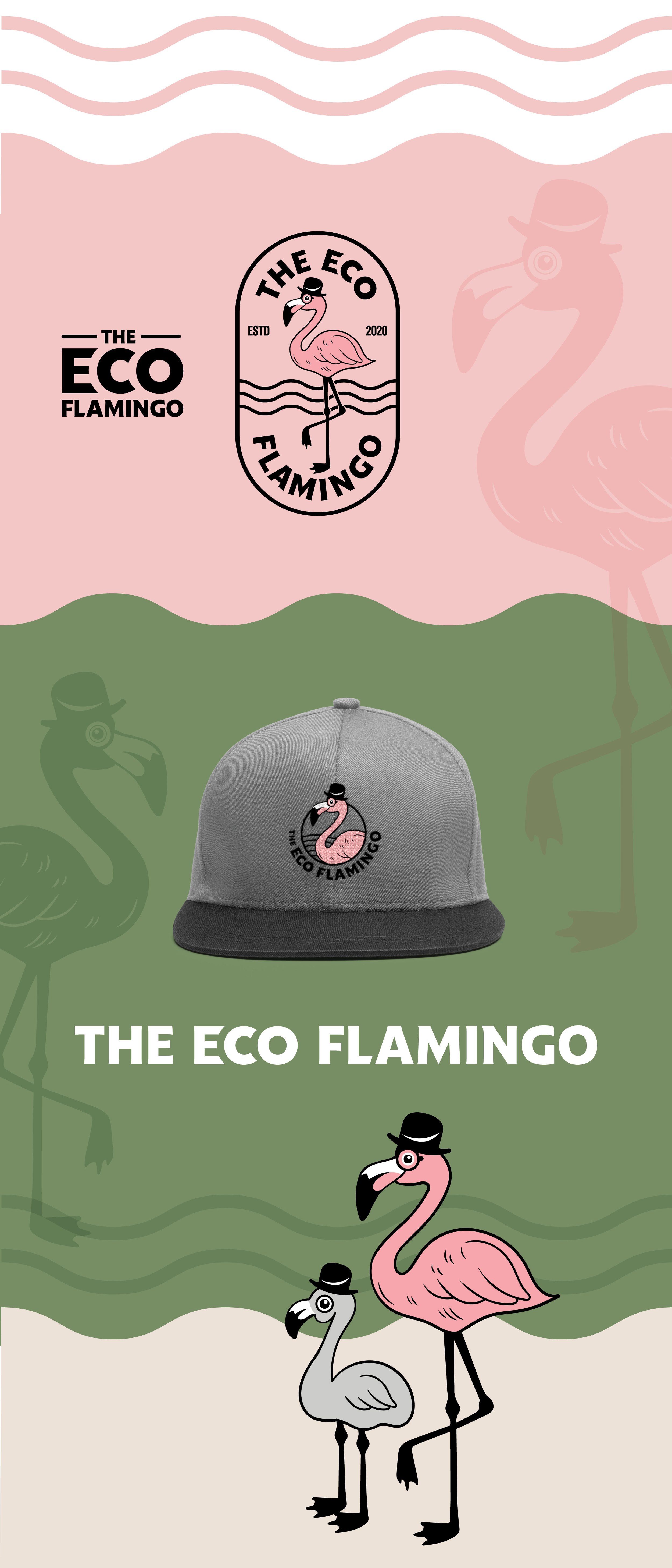 A collage of flamingo illustrations with the new logo variations. A mockup of a snapback cap with the embroidered flamingo logo in the center.