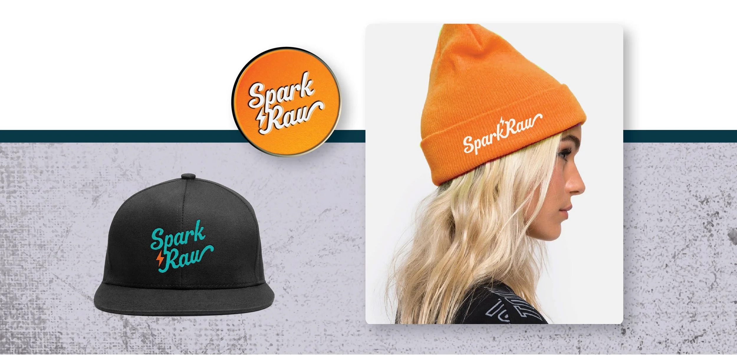 Mockups of a cap, enamel pin and beanie with the logo.