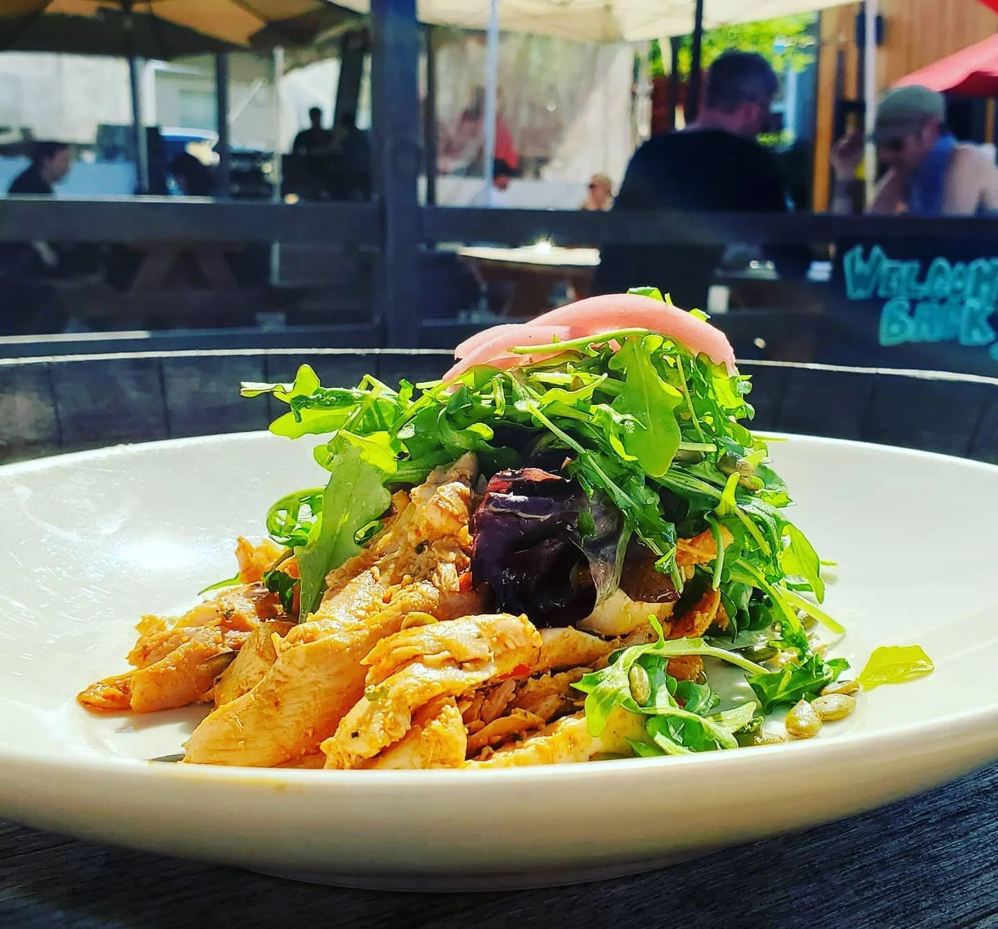 Specials starting Monday at Nepo 42: 
- Smoked pulled chicken romesco with charred onion goat cheese, arugula and mixed greens tossed in lemon olive oil, topped with pepitas and pickled red onion.
- Black pepper garlic sausage with grilled onions, sa