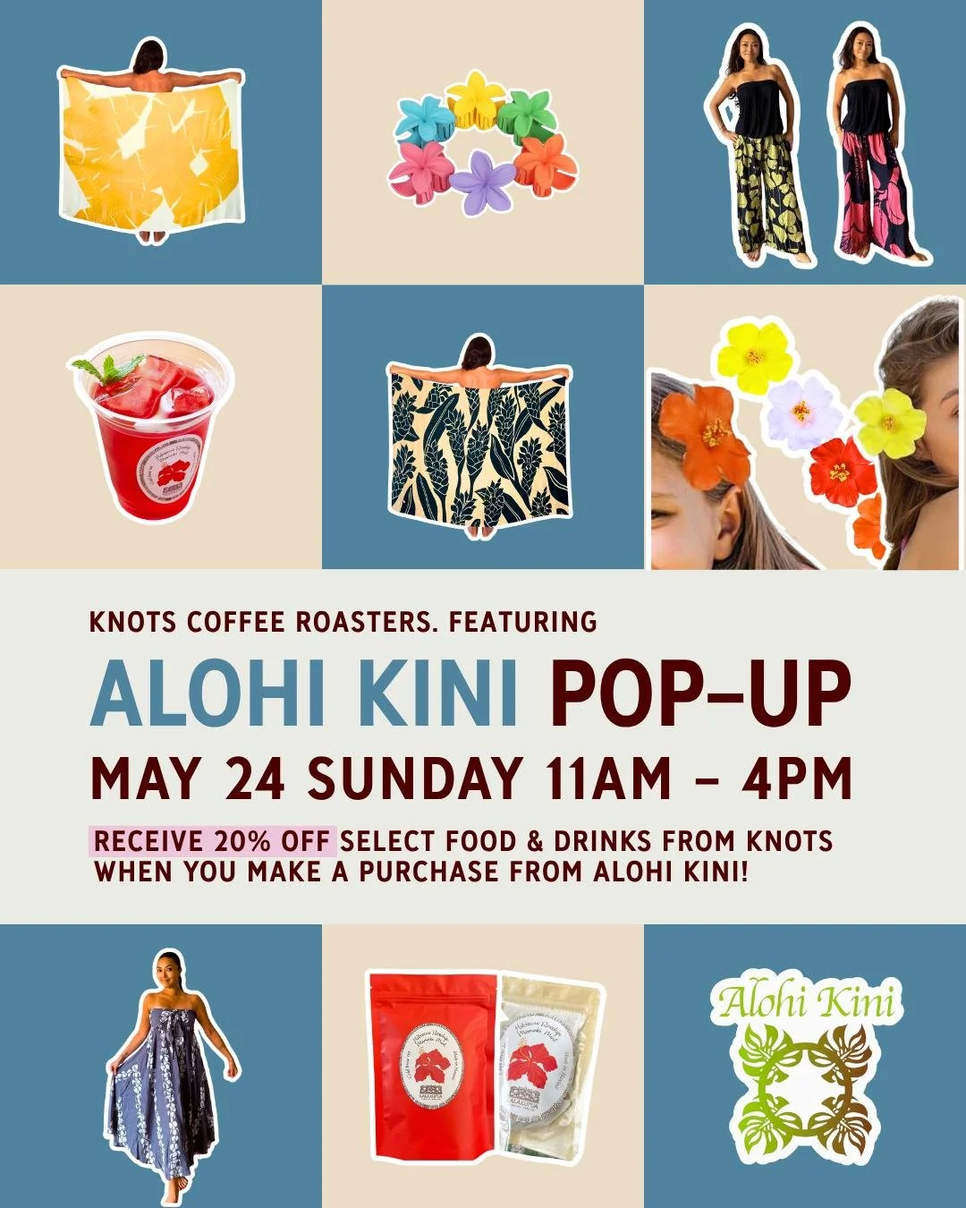 Join us next Sunday 5/24 for a pop-up with @alohikiniboutique and make a purchase to receive 20%* off food &amp; drinks at Knots Coffee Roasters! *Restrictions may apply.

Pop Up Information
📅Sunday May 24, 2026
🕘11AM - 4PM
📍150 Kapahulu Avenue, H