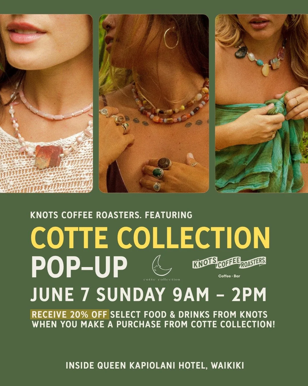 Join us on Sunday, June 7 to shop Cotte Collection&rsquo;s beautiful, locally handmade jewelry. They just dropped a brand-new collection, so you'll definitely want first dibs.
🏷️Receive a 20% voucher on select food &amp; drinks when you shop!
📍Knot