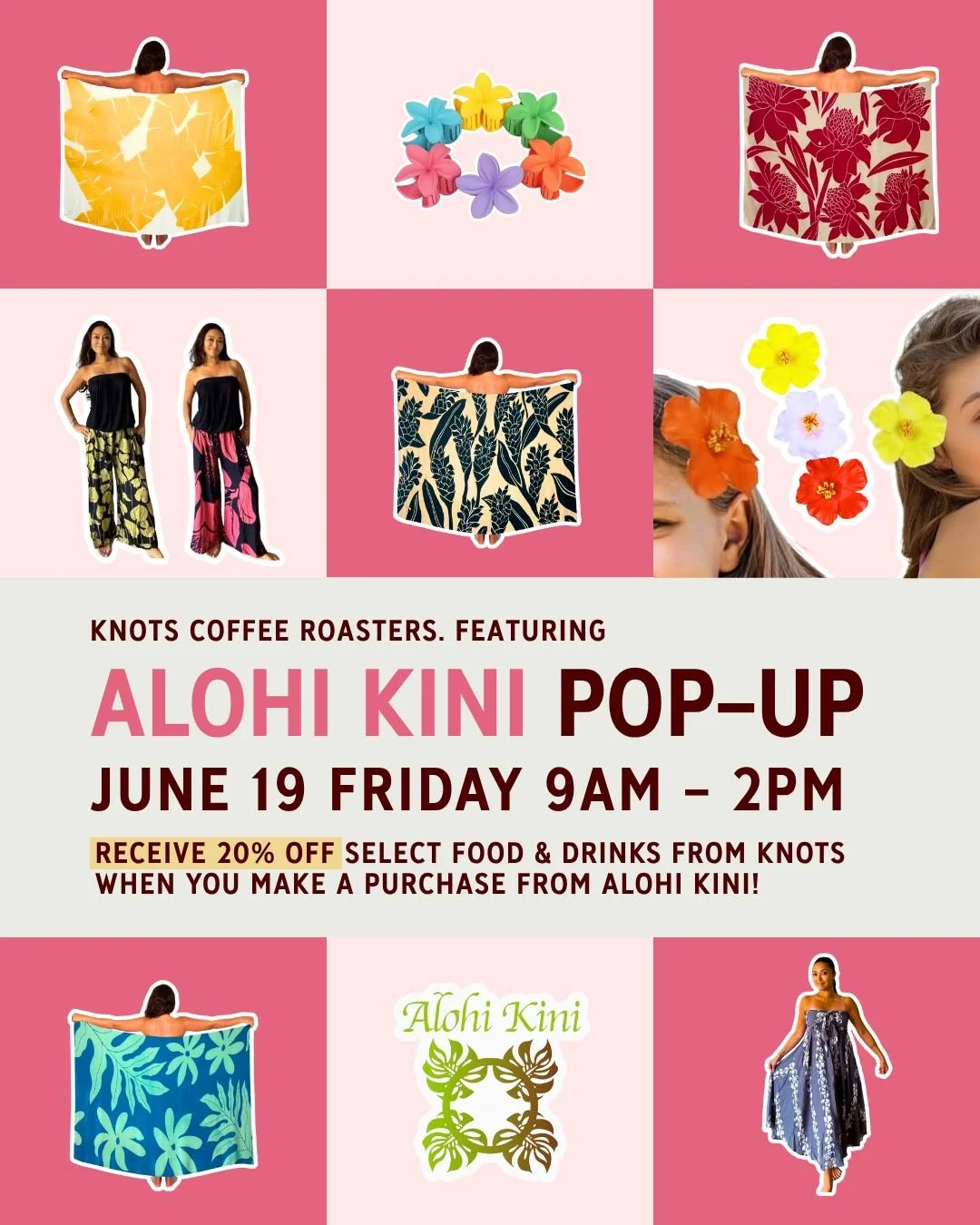 Friday June 19, we&rsquo;re hosting Alohi Kini at Knots Coffee Roasters. Come through to browse their feel-good Hawaiian print apparel and accessories. It&rsquo;s the perfect excuse for a Sunday coffee date and a little retail therapy.
🏷️Receive a 2