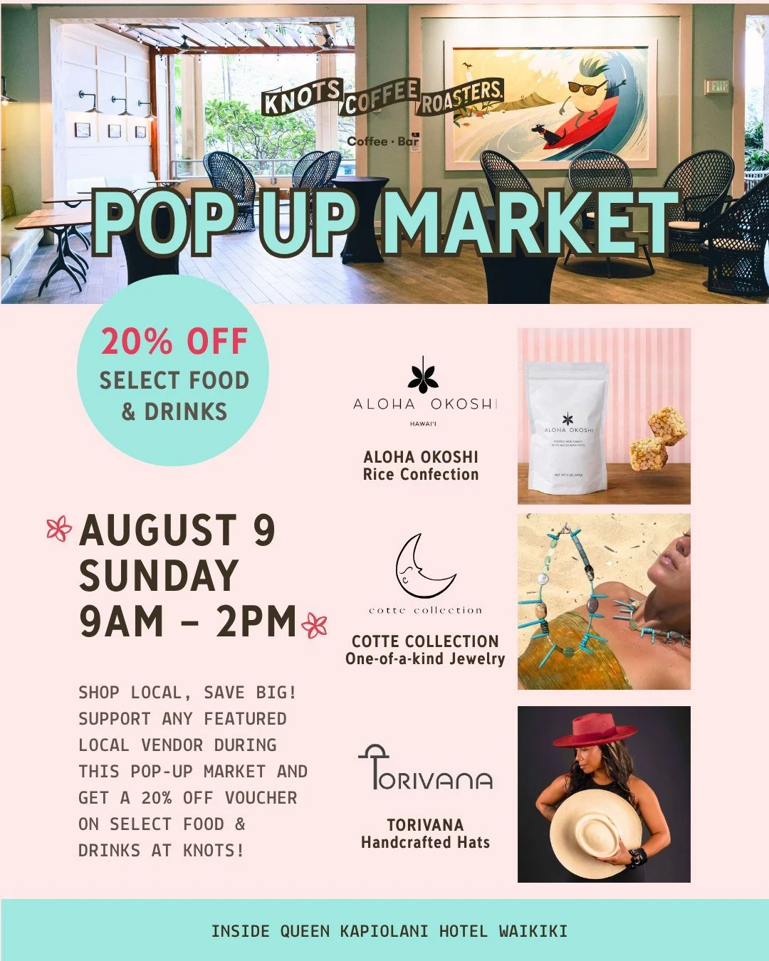✨ Pop-up market alert! Join us Sunday, 8/9, featuring 3 amazing local vendors. Support small, shop local, and receive a 20% off food and drink voucher with any vendor purchase! 🎟️

🗓️August 9th Sunday
⏰9AM - 2PM
📍Inside @QueenKapiolaniHotel in Wai