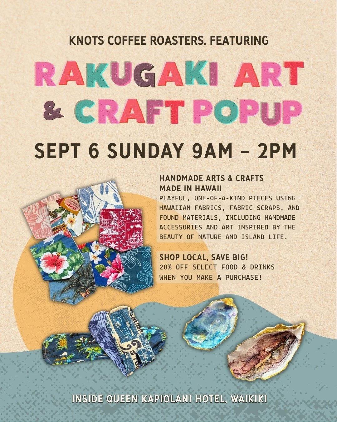 Introducing a new popup vendor! Rakugaki Art Craft ( @rakugaki_art_craft ) is a handmade art and craft brand based in Hawaii, creating one-of-a-kind pieces inspired by the colors, textures, and beauty of island life.

📅 September 6 Sunday
9:00AM - 2