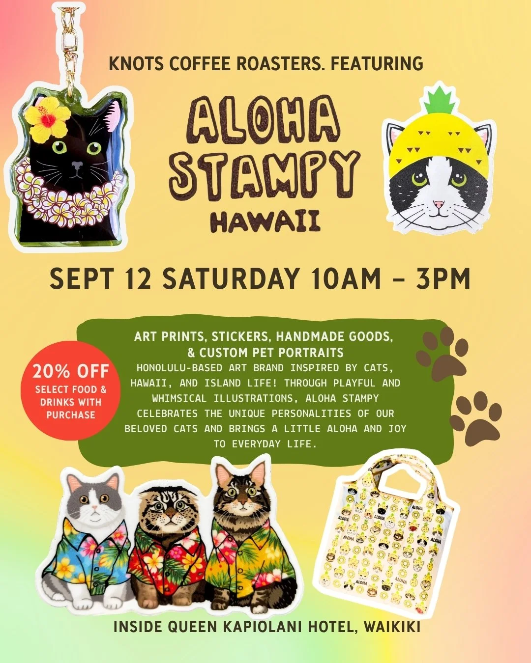 🐱🌺 Big news for cat lovers and island dreamers: Aloha Stampy ( @alohastampy ) is popping up live! ​Come shop whimsical Hawaii-inspired art, adorable stickers, handmade goodies, and get the scoop on custom pet portraits. Bring a piece of island joy 