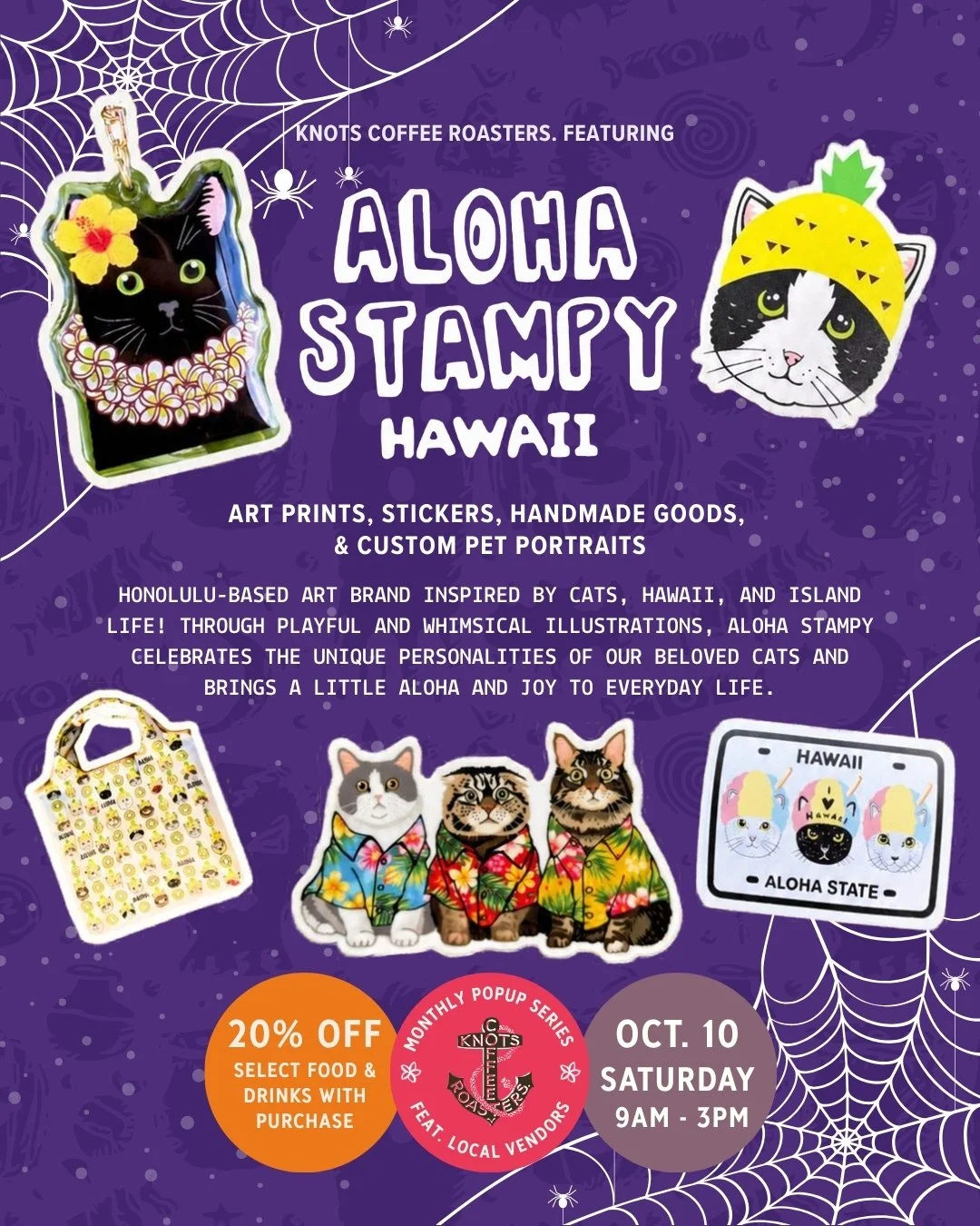 📅 October 10 Saturday 9:00AM - 3:00PM
Aloha Stampy ( @alohastampy ) Pop-Up: Part 2! 🌺🐾 They will be back with more whimsical Hawaii-inspired art, cute stickers, handmade goodies, and info on custom pet portraits. Stop by, say Aloha, and take home 