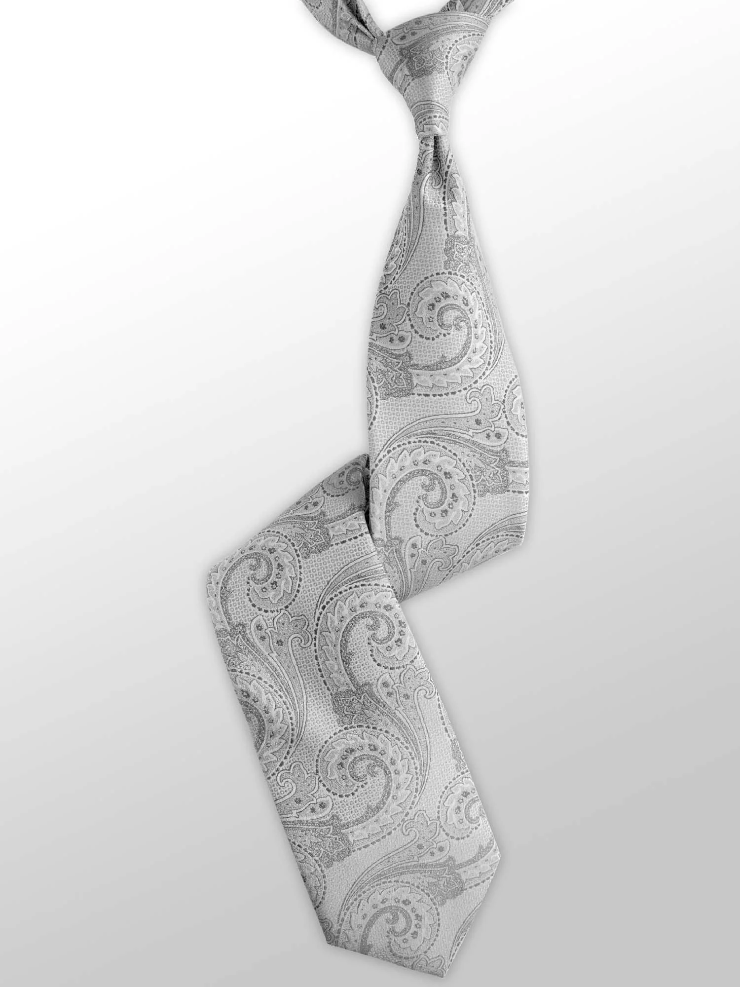 Gray necktie with paisley pattern hanging against a white background