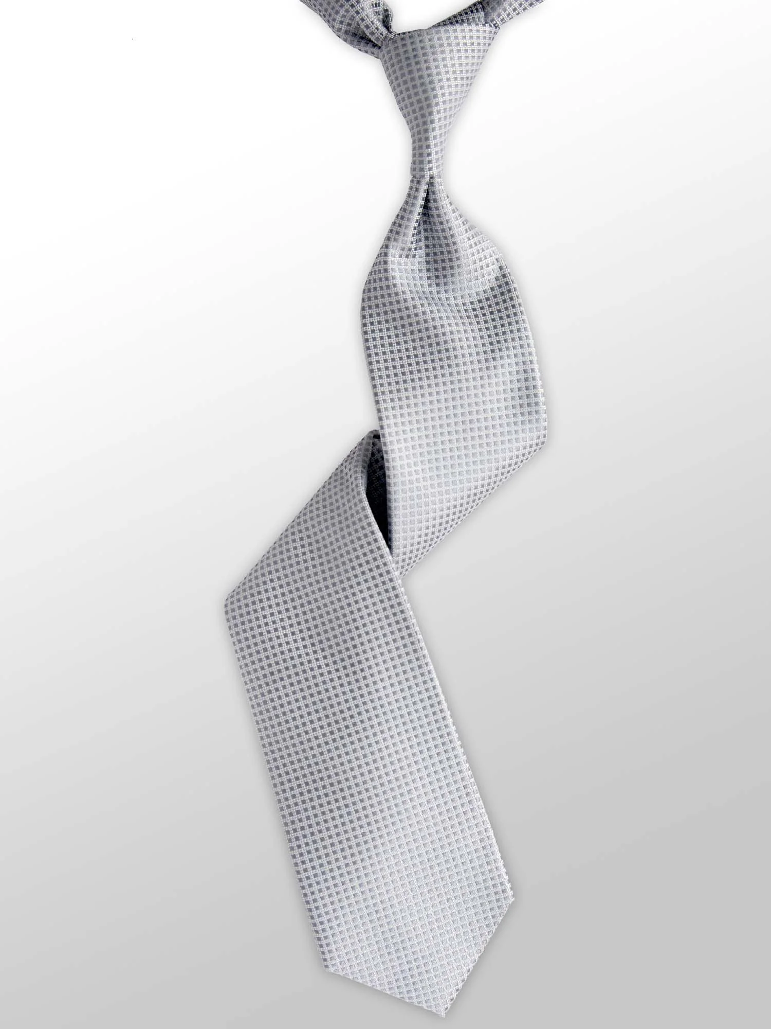 Silver tie with small checkered pattern on a white background.