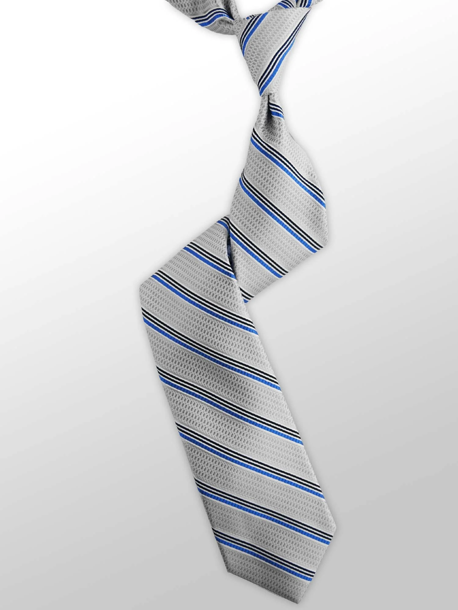 A diagonally tied patterned men's necktie with gray, blue, black, and white stripes on a white background.