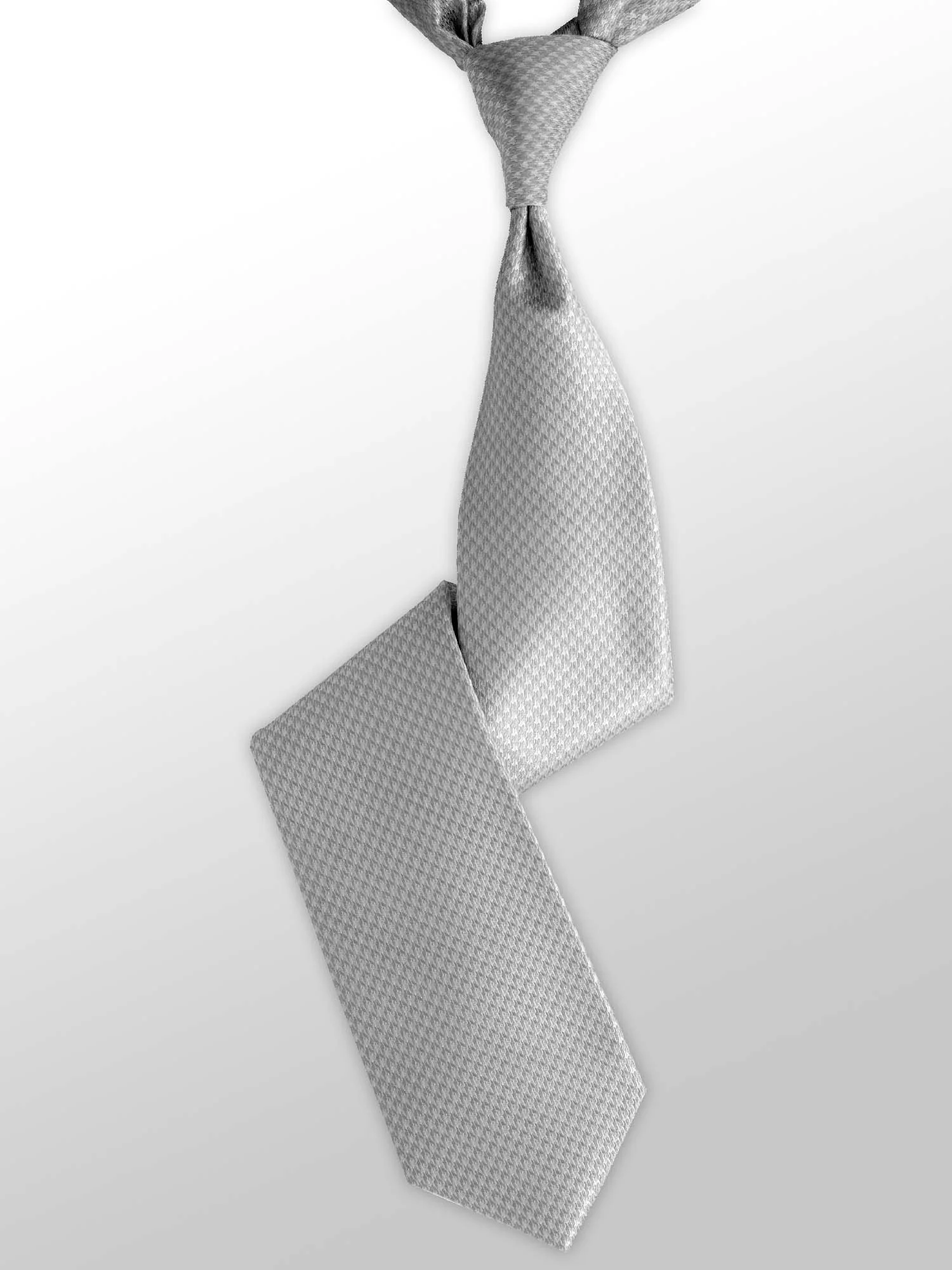 A grayscale image of a neatly tied school or professional necktie on a white background.