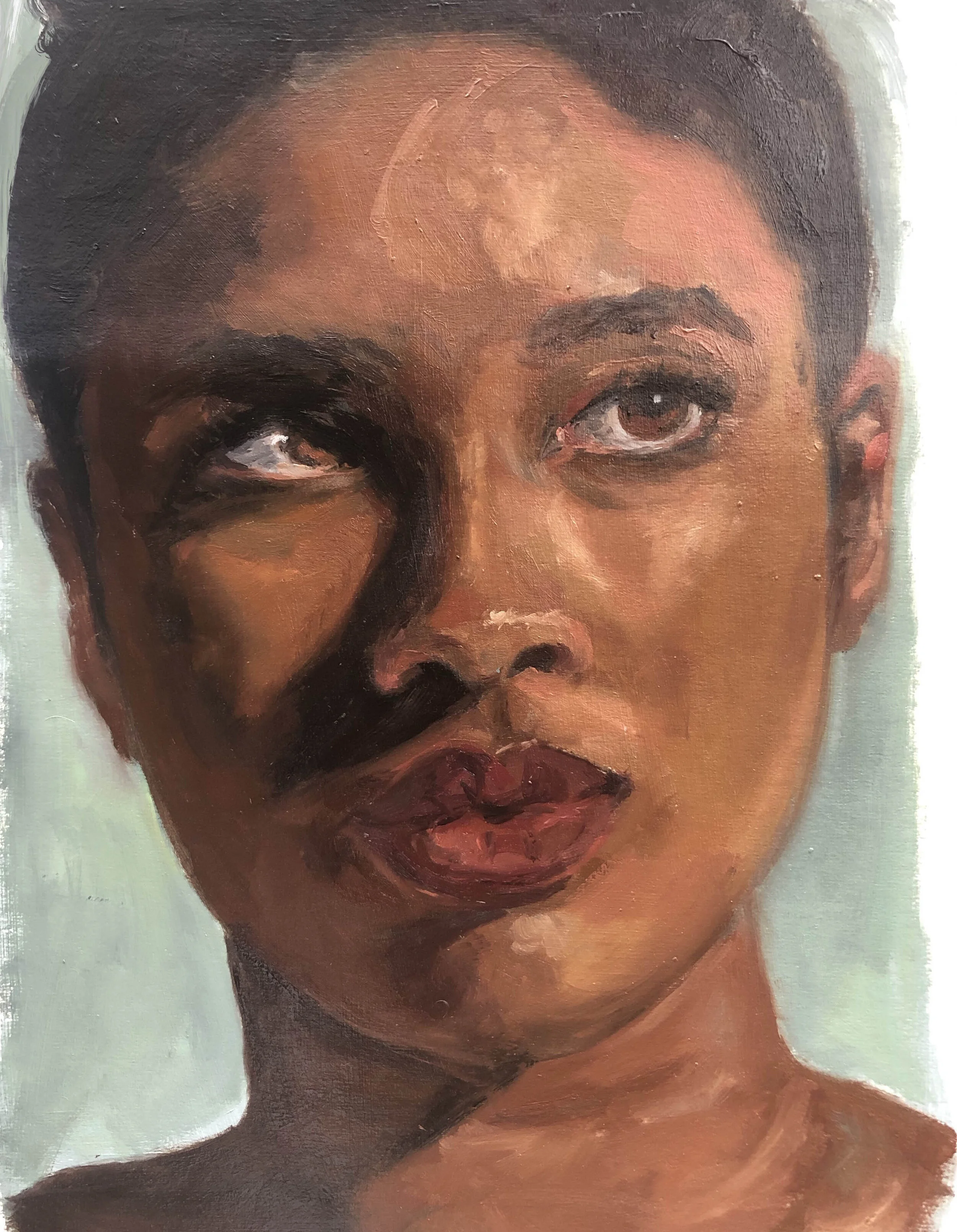 contemporary oil painted portrait of black female looking into the light