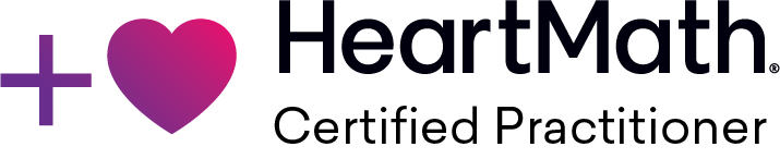 A logo with a pink heart and purple plus symbol, and the text 'HeartMath Certified Practitioner'.