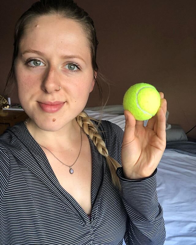 Swipe to see how I release pain &amp; tension at home with a tennis ball! 🎾 Note that you can also use any ball that is similarly shaped- I like using a lacrosse ball sometimes too. The firmer the ball is, the more intense it will feel. I recommend 