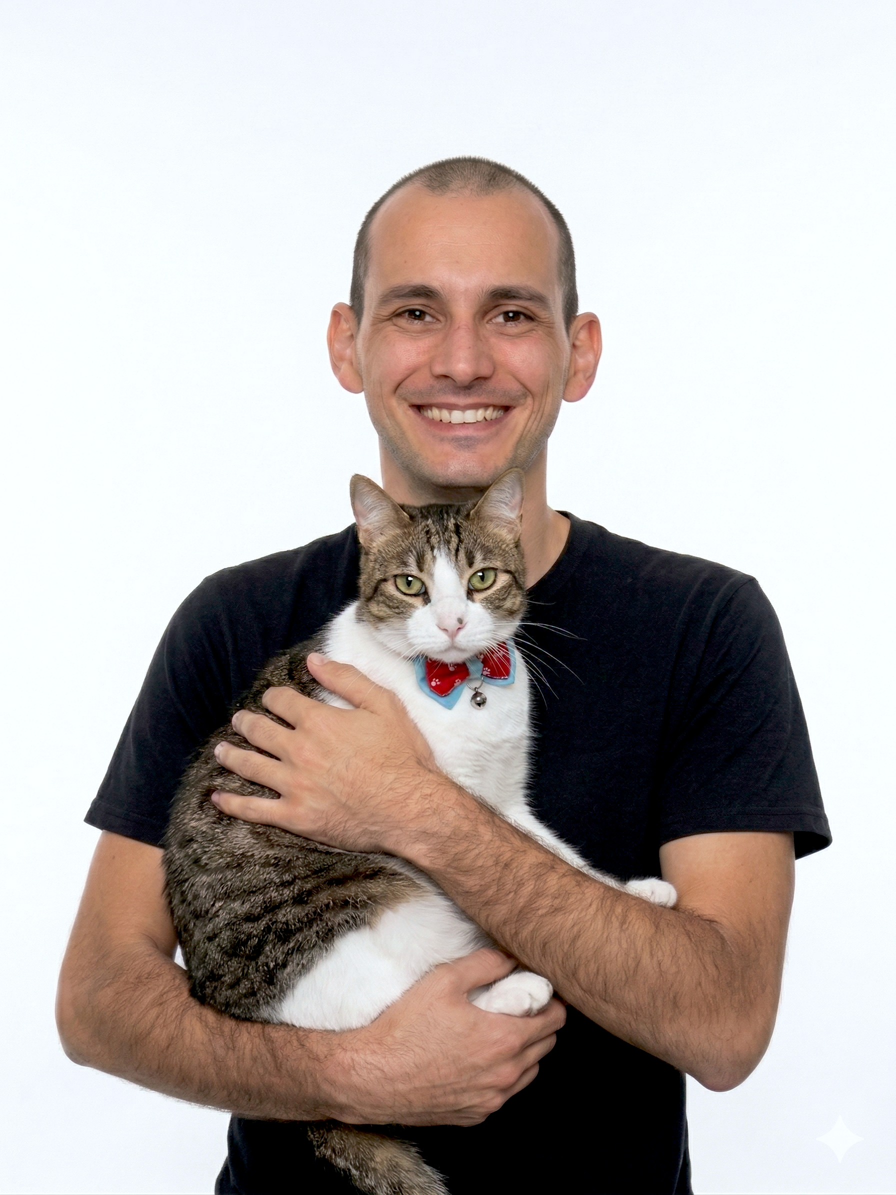 Ricardo Cubero sonriendo sosteniendo su gato en brazos, fondo blanco