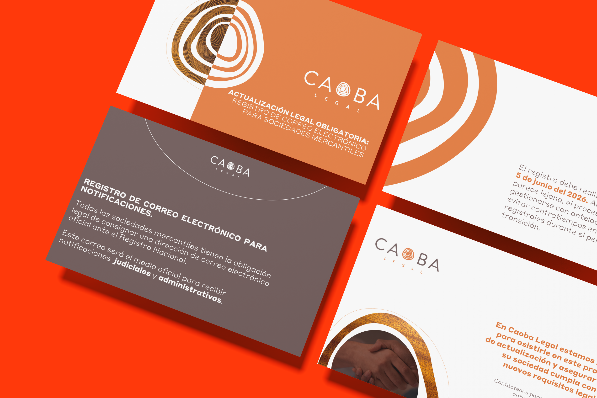 Folletos de Caoba Legal sobre actualización legal obligatoria y registro de correos para sociedades mercantiles, en naranja, gris y blanco.