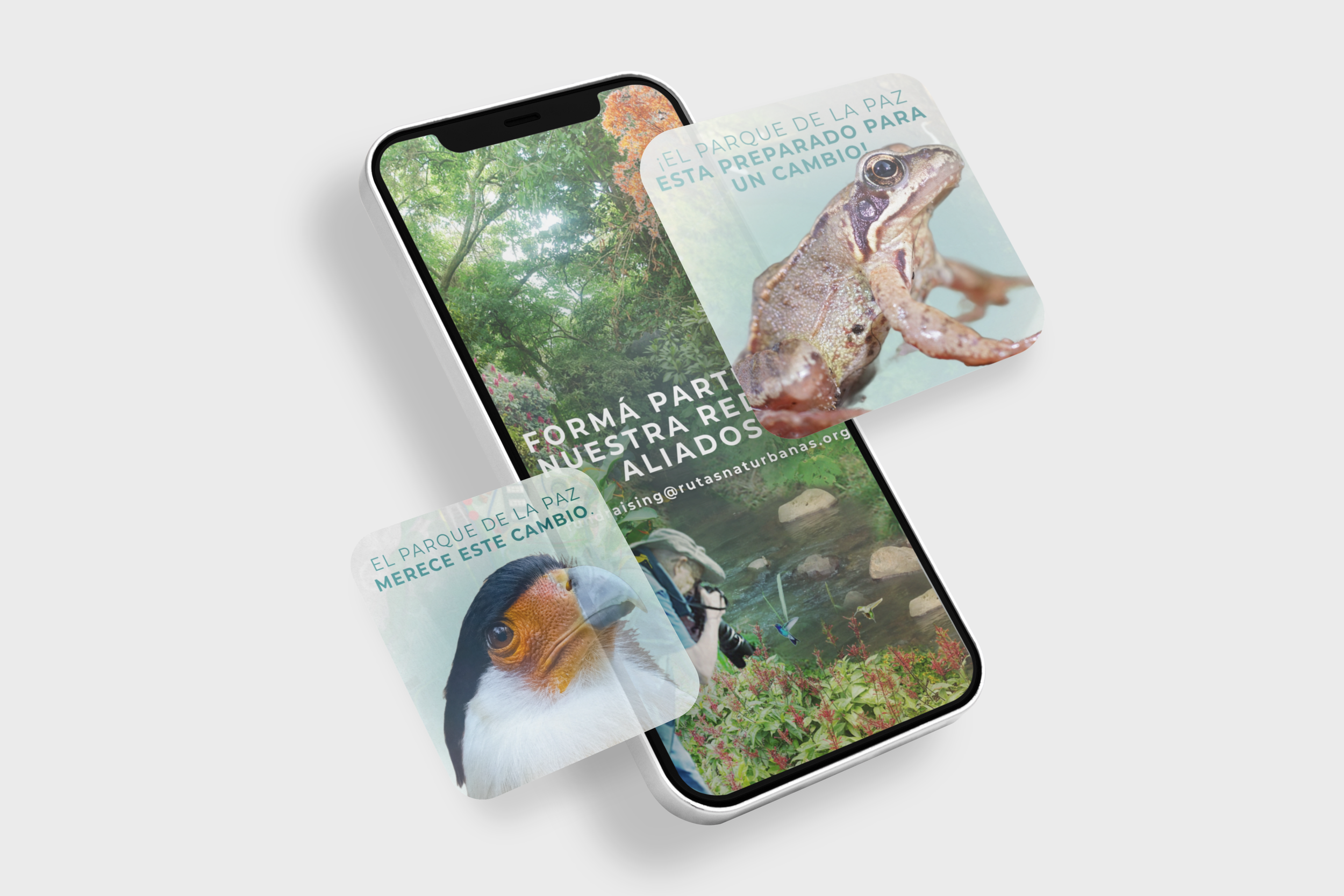 Pantalla de teléfono móvil con imágenes y textos promocionales sobre un parque natural, incluyendo animales como rana, loro y guacamayo, y un mensaje de conciencia ambiental en español.
