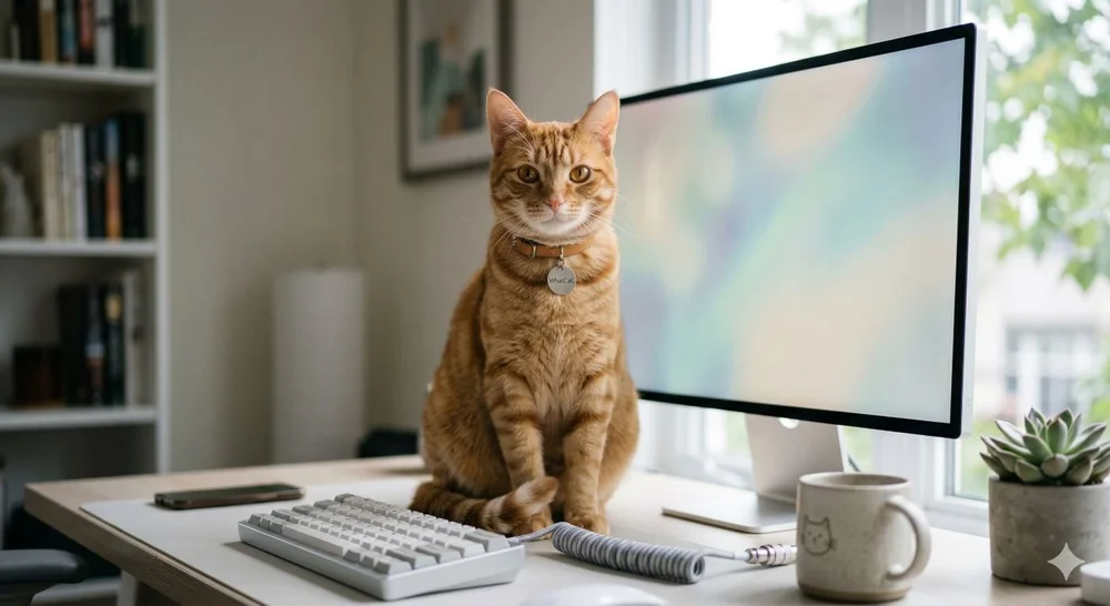 Gato anaranjado sentado frente a una computadora en una oficina