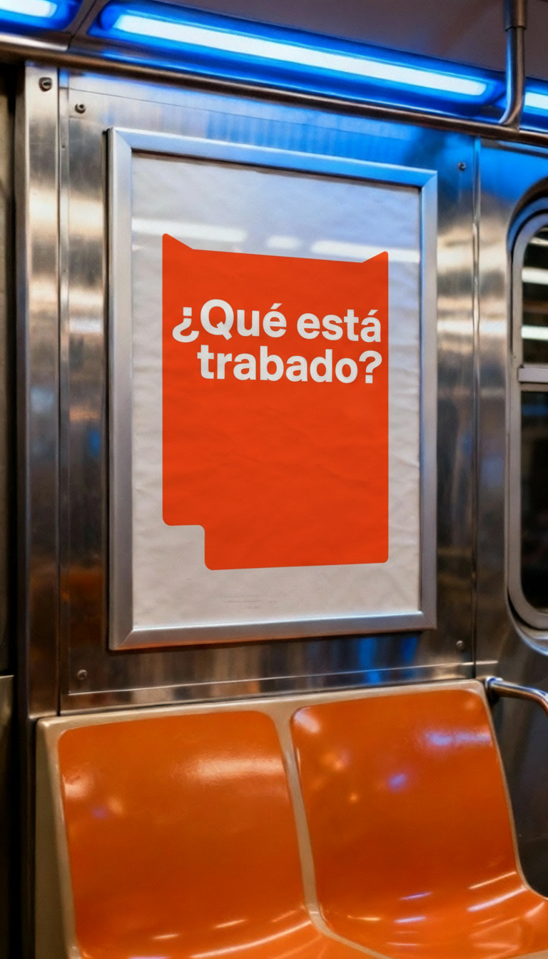 Cartel naranja en un transporte público con la pregunta «¿Qué está trabado?».
