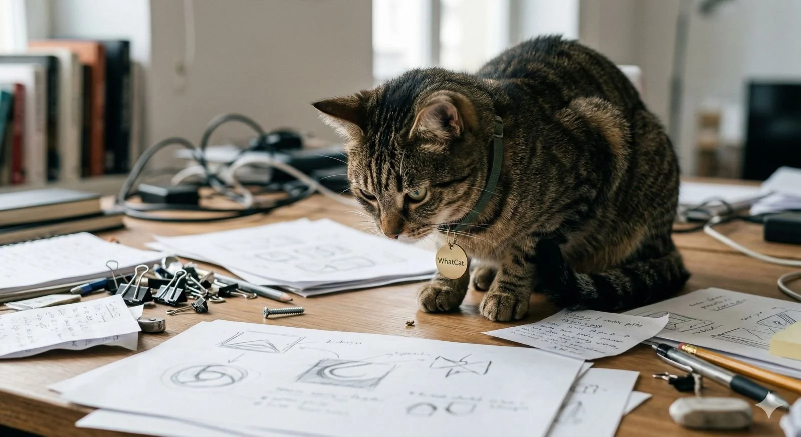 Gato con collar y etiqueta que dice 'WhatCat' en un escritorio desordenado con papeles, bolígrafos y clips.