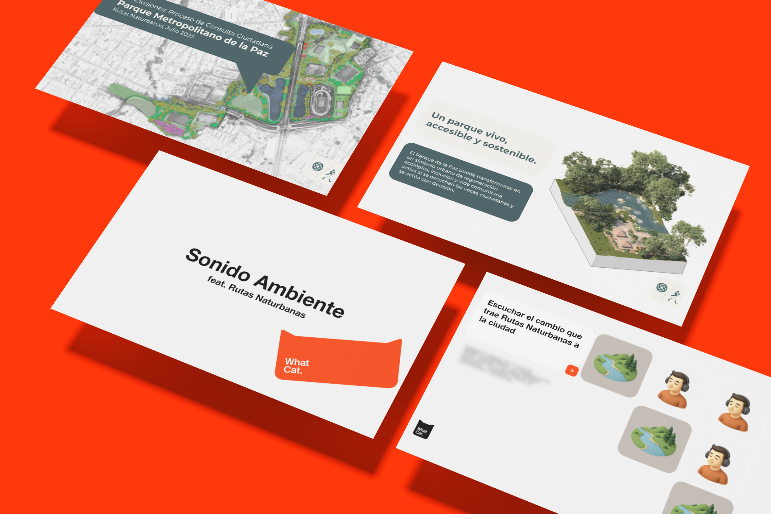 Diapositivas con información sobre el proceso de consulta ciudadana del Parque Metropolitano de la Paz, incluyendo un mapa del parque, un esquema en 3D del parque, y personas con auriculares para escuchar cambios en el parque.