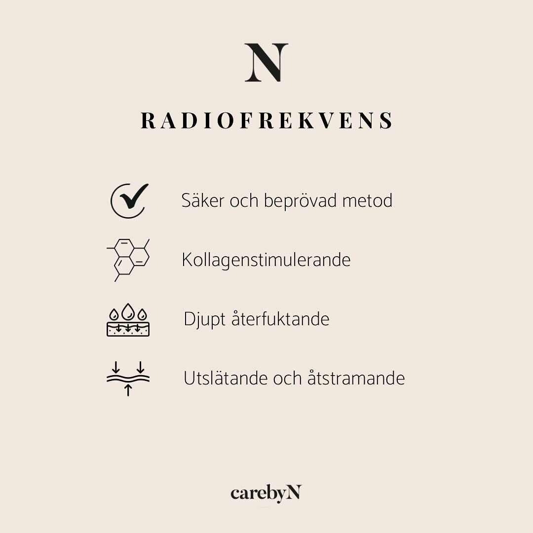 N&aring;gra av effekterna med Radiofrekvens 

&bull; F&ouml;r dig som vill bevara en ung och fr&auml;sch hy l&aring;ngsiktigt.
&bull; Men, ocks&aring; f&ouml;r dig som vill ha en fin lyster och en direkt &aring;tstramning inf&ouml;r helgens festlighe