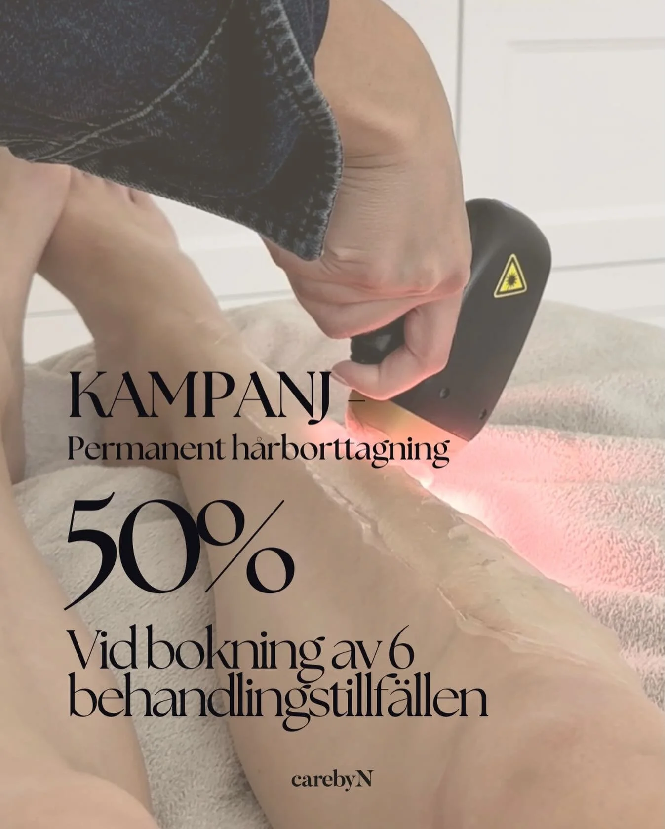 &Ouml;nskar du ocks&aring; en sl&auml;t hy till i sommar?
P&aring;b&ouml;rja dina behandlingar nu under vintern f&ouml;r ett h&aring;rfritt resultat till sol- och bads&auml;songen.

Just nu f&aring;r du 50% rabatt p&aring; alla laserbehandlingar vid 