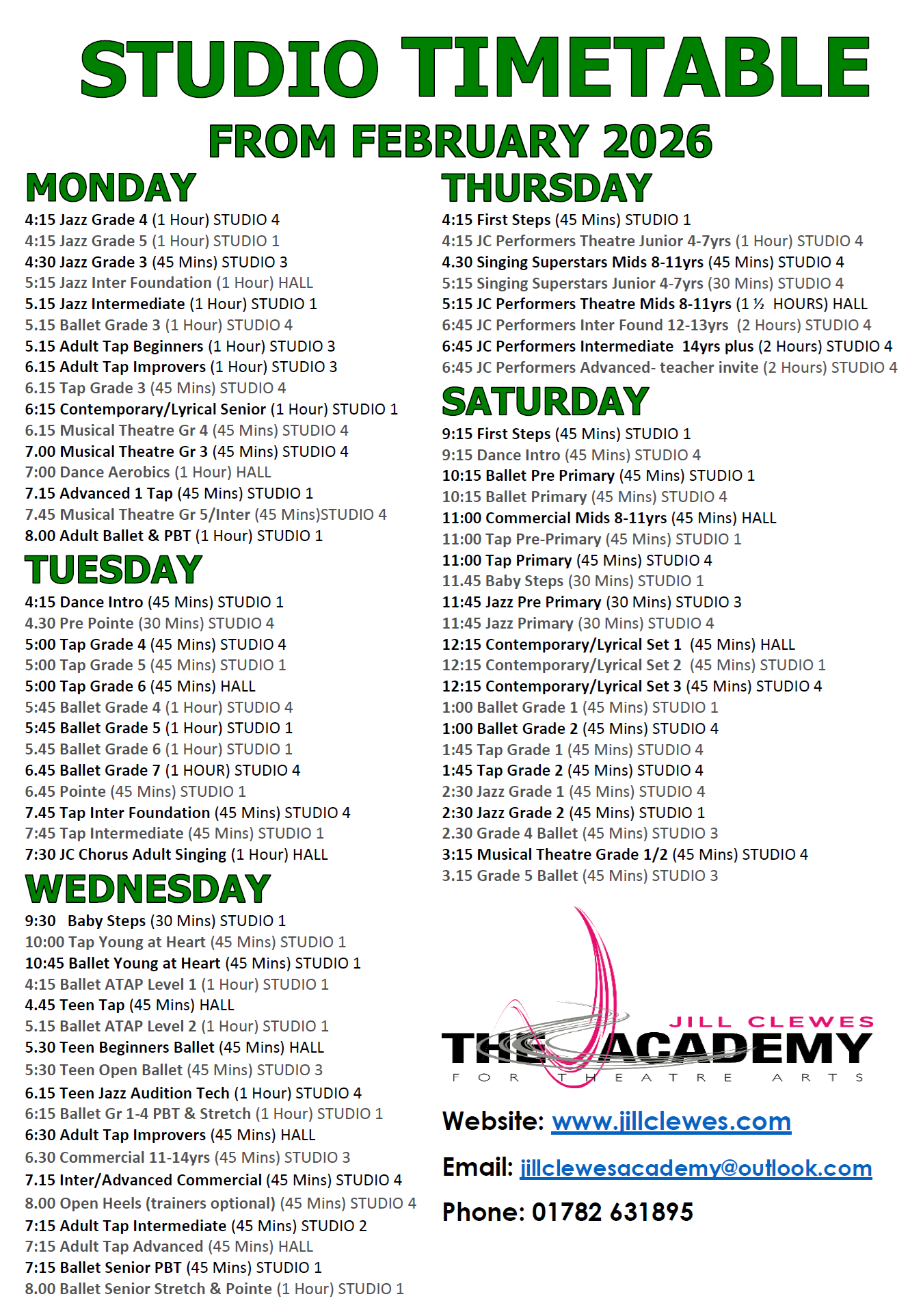 New Performing Arts Timetable - February 2026