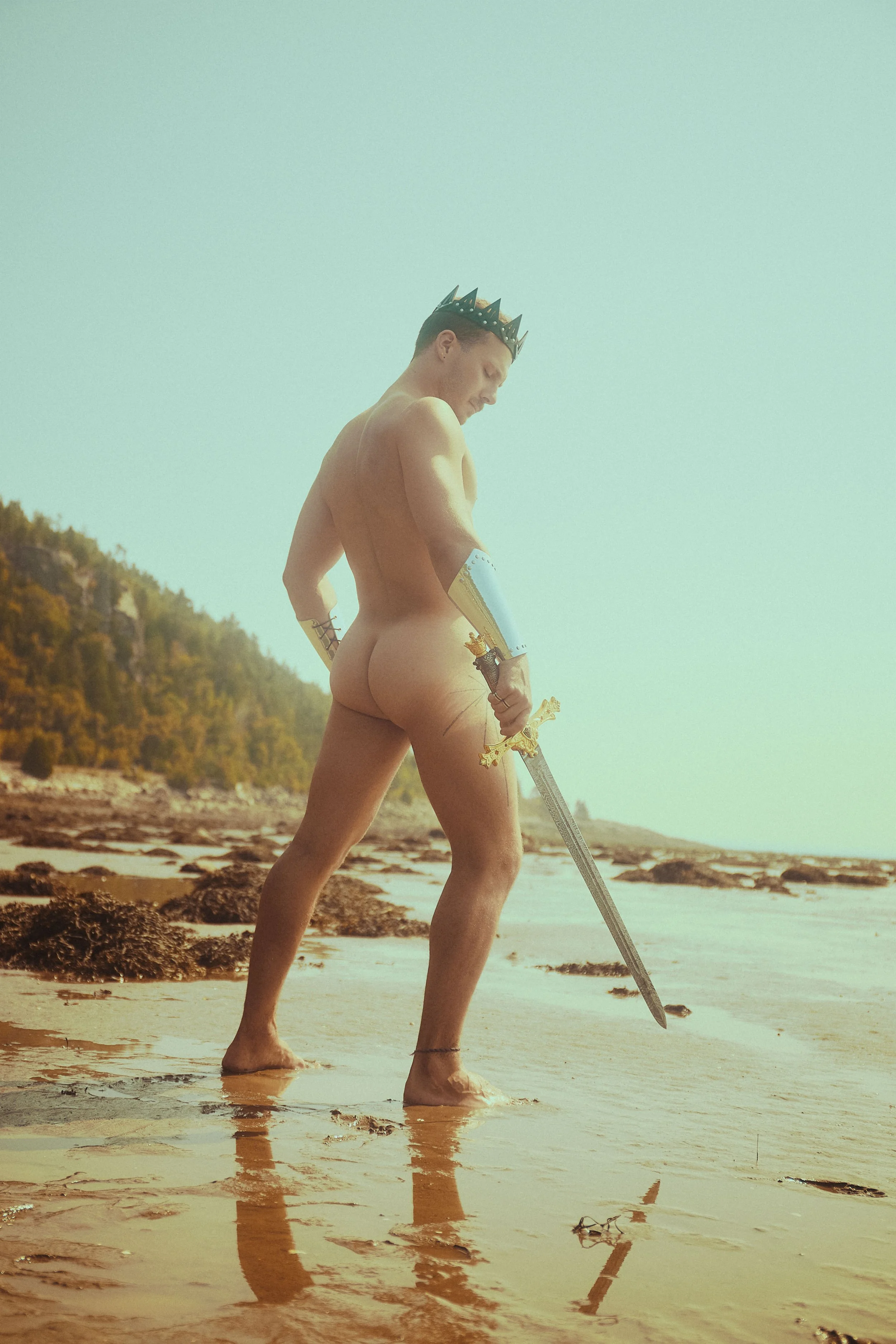 A naked man wearing a crown and holding a sword stands on a beach near the water, with trees and hills in the background.